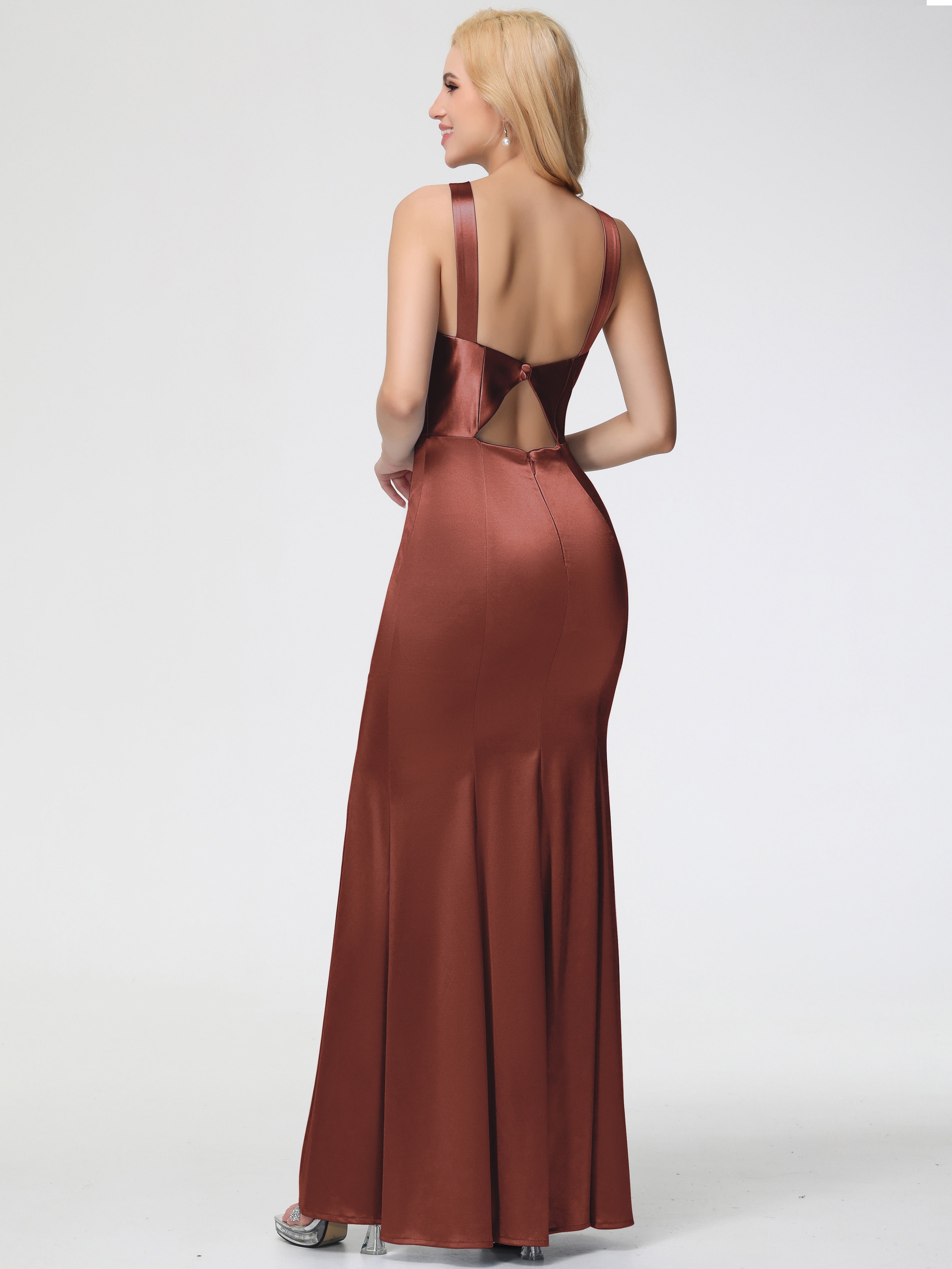 Robe Demoiselle D Honneur Terracota Licou Satin Extensible Fendue Robe De Demoiselle D'Honneur