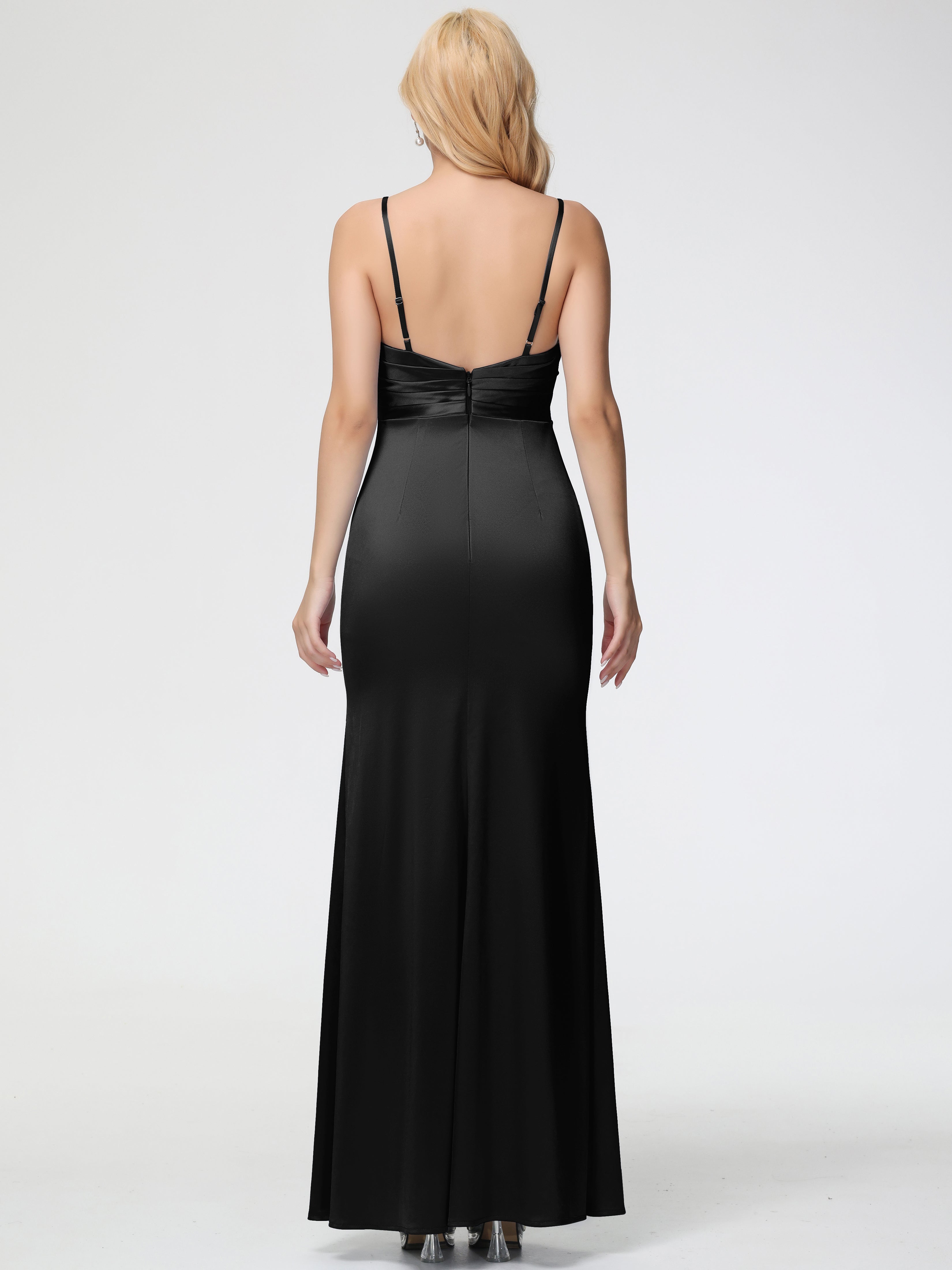 Demoiselle D Honneur Robe Noir Col V Satin Extensible Fendue Robe De Demoiselle D'Honneur