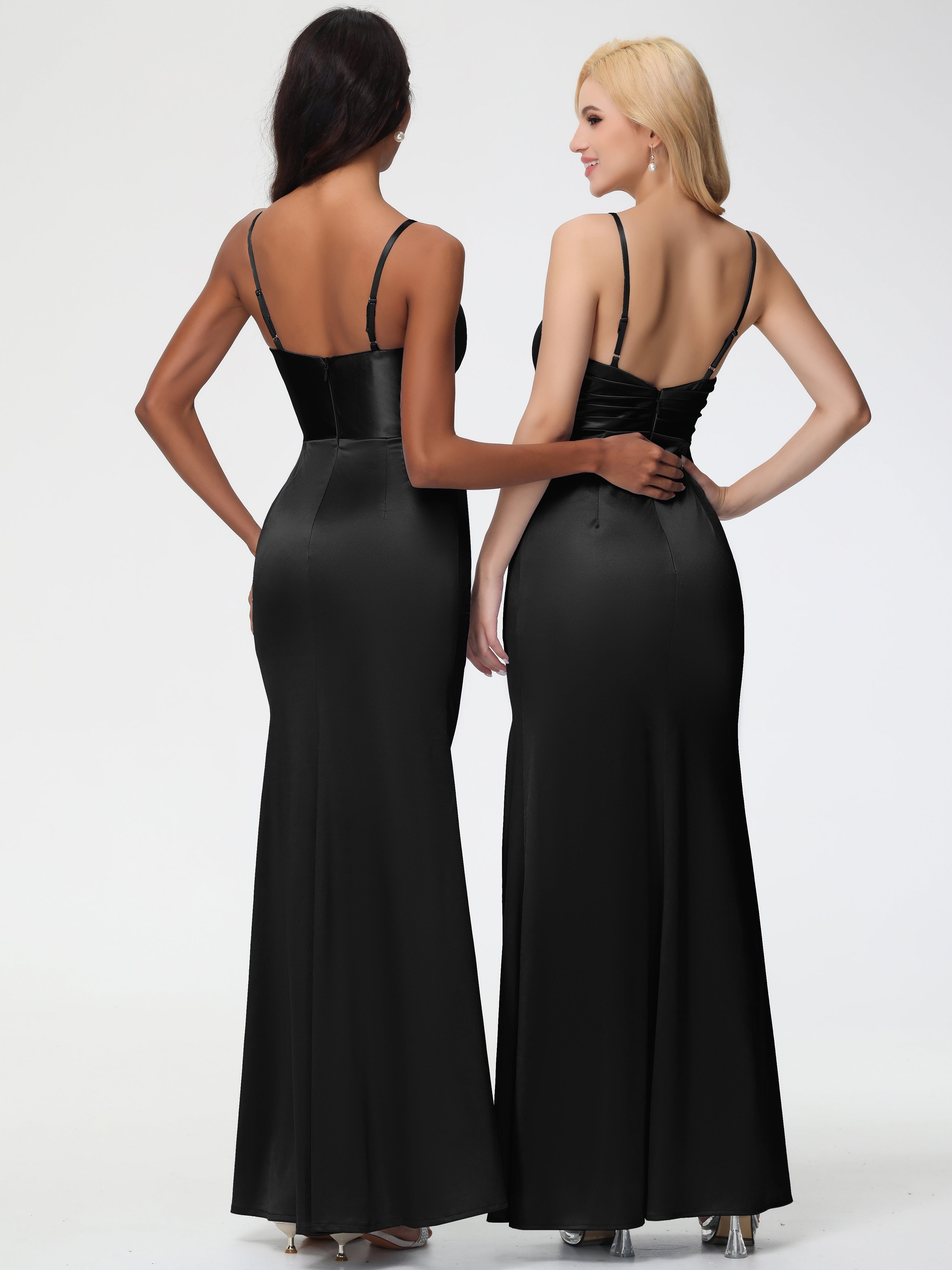 Demoiselle D Honneur Robe Noir Col V Satin Extensible Fendue Robe De Demoiselle D'Honneur