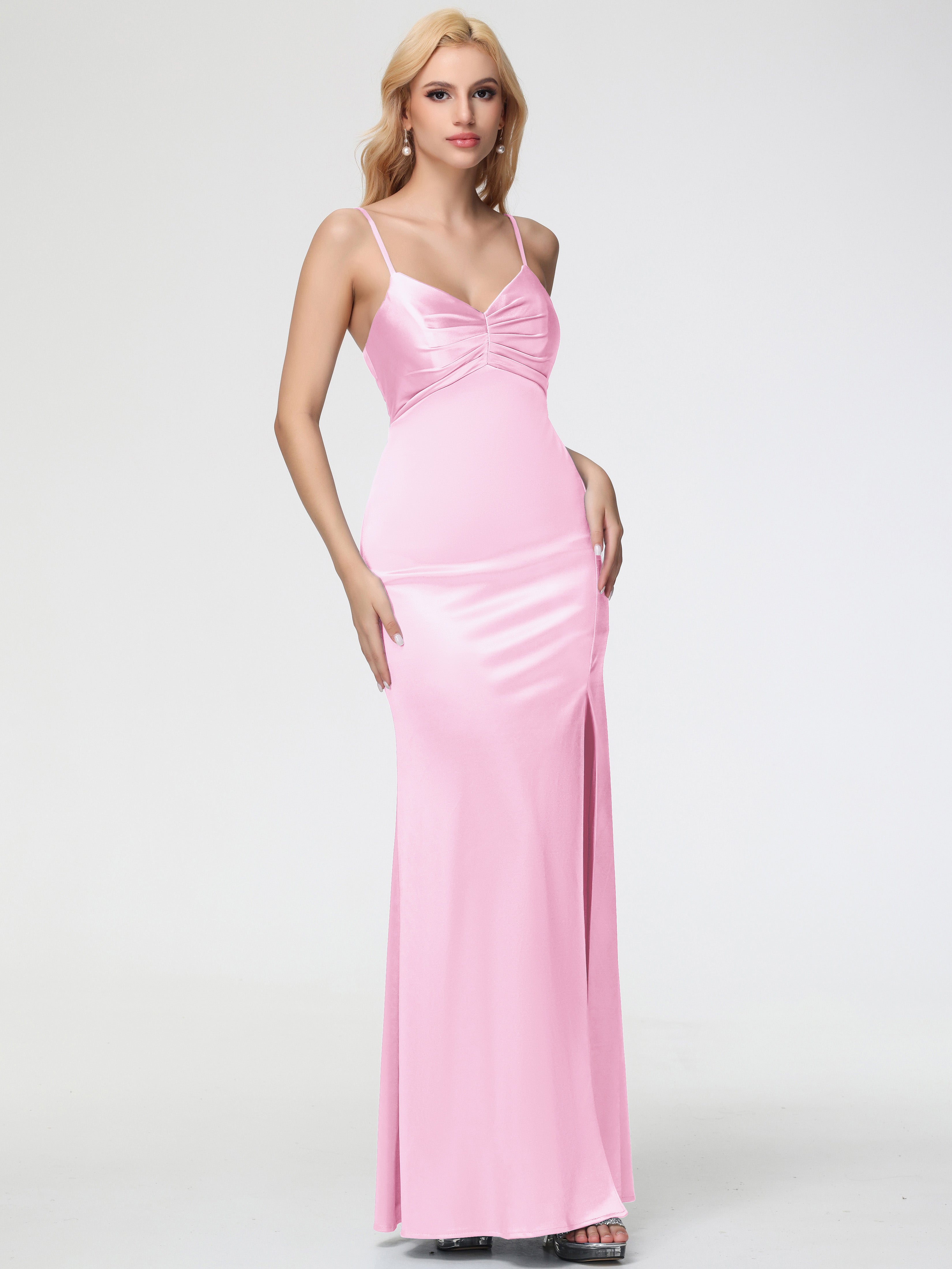 Demoiselle D Honneur Robe ROSE PÂLE Col V Satin Extensible Fendue Robe De Demoiselle D'Honneur