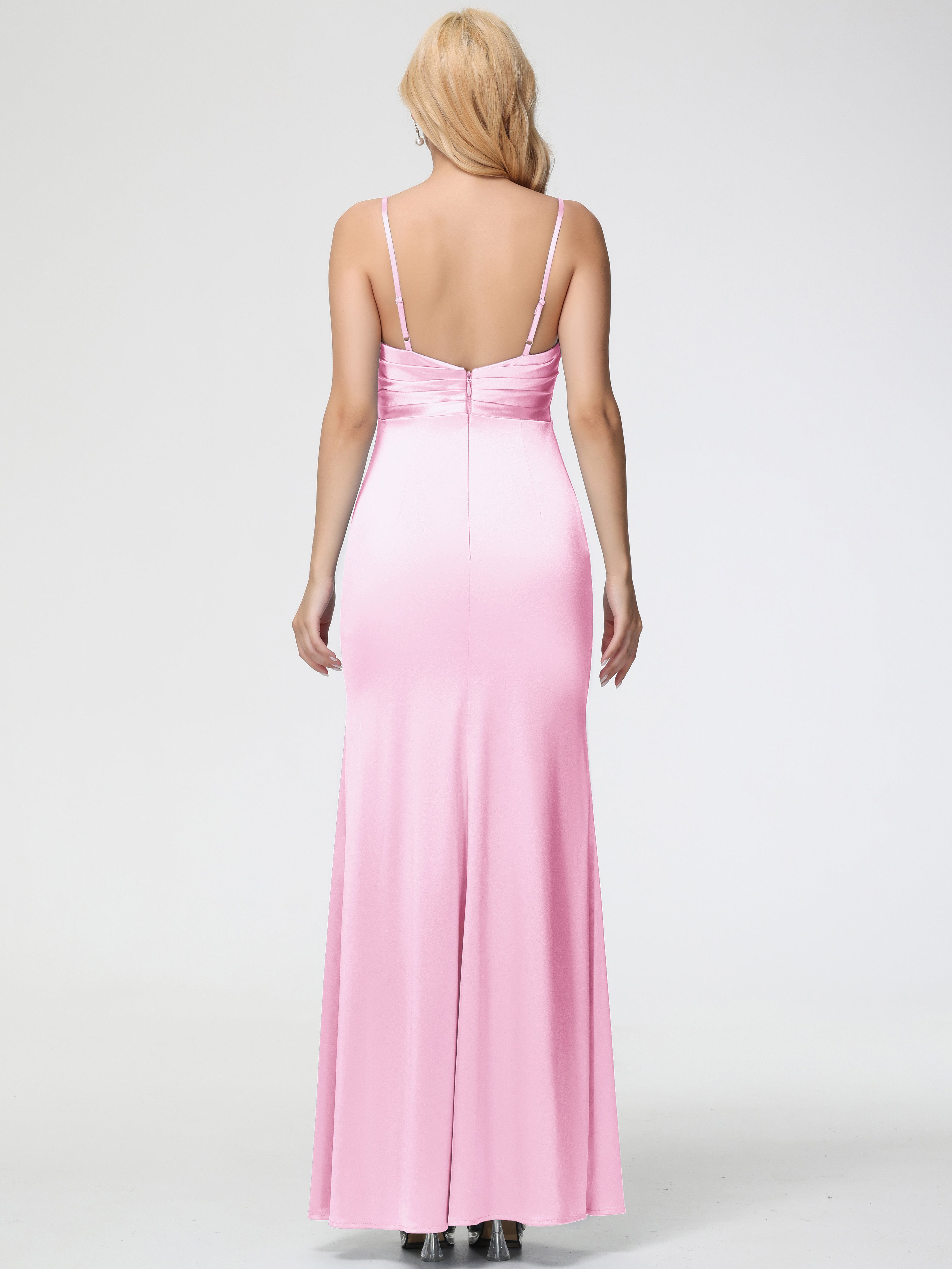 Demoiselle D Honneur Robe ROSE PÂLE Col V Satin Extensible Fendue Robe De Demoiselle D'Honneur