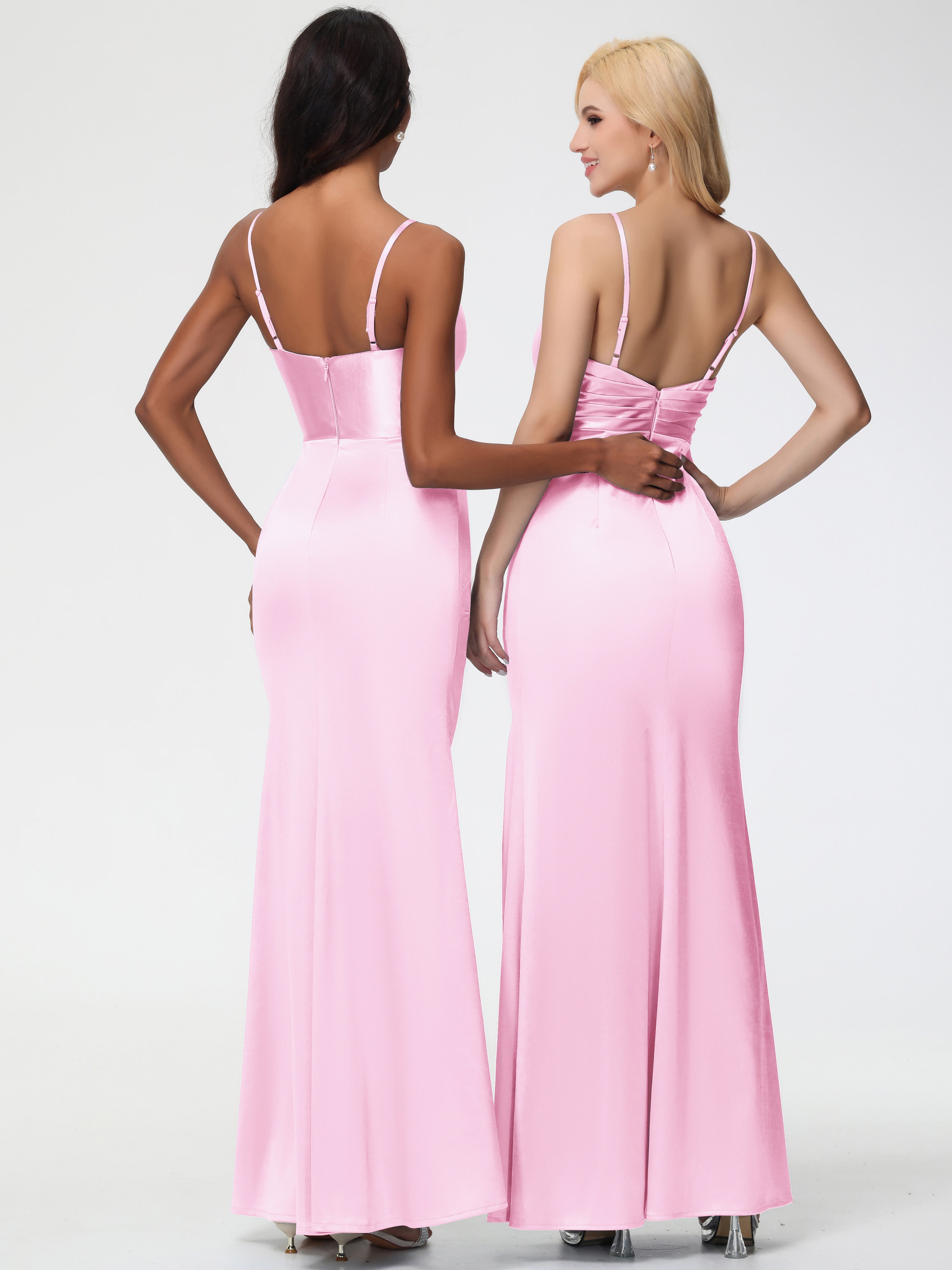 Demoiselle D Honneur Robe ROSE PÂLE Col V Satin Extensible Fendue Robe De Demoiselle D'Honneur