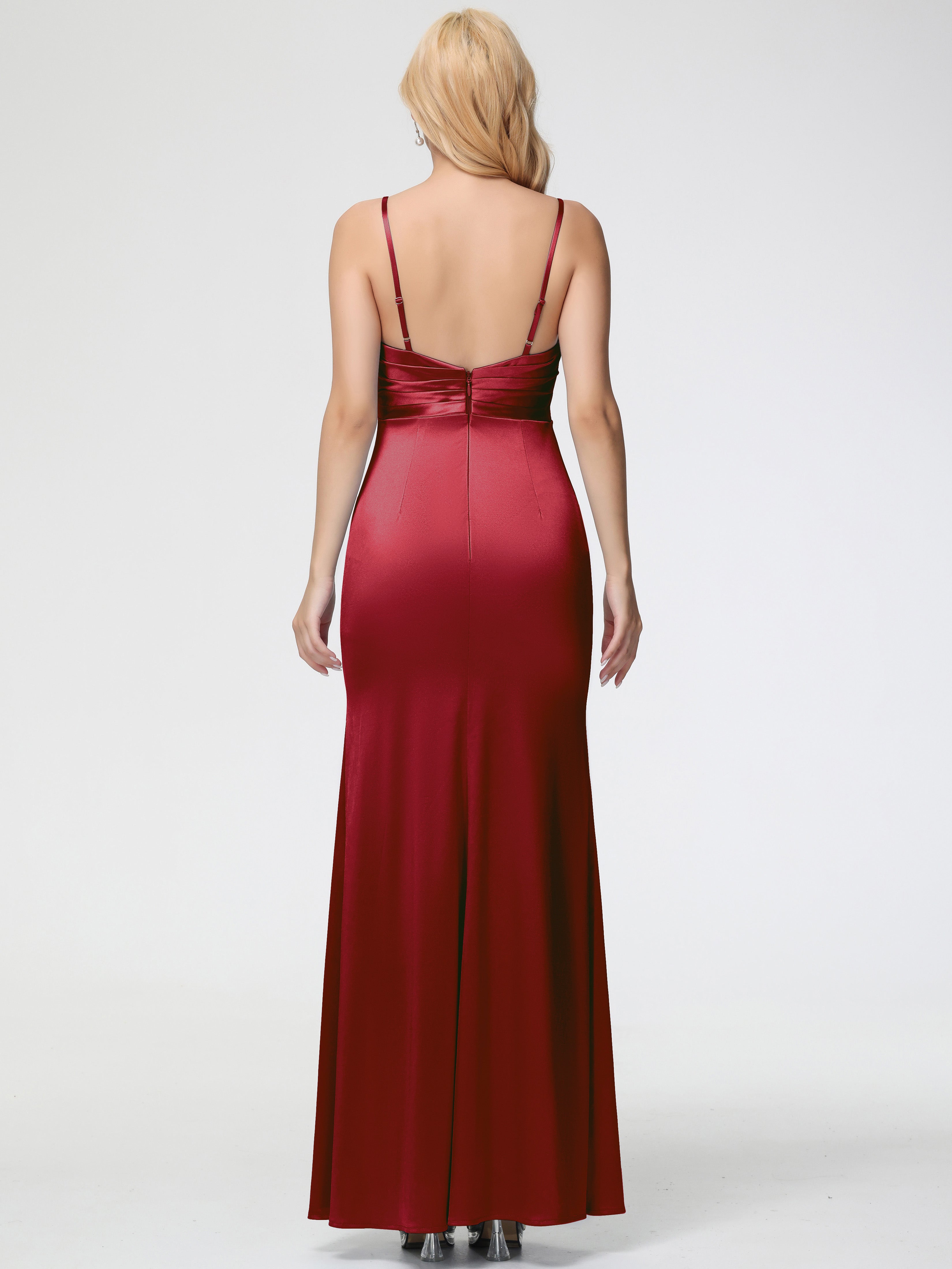 Demoiselle D Honneur Bordeaux Col V Satin Extensible Fendue Robe De Demoiselle D'Honneur