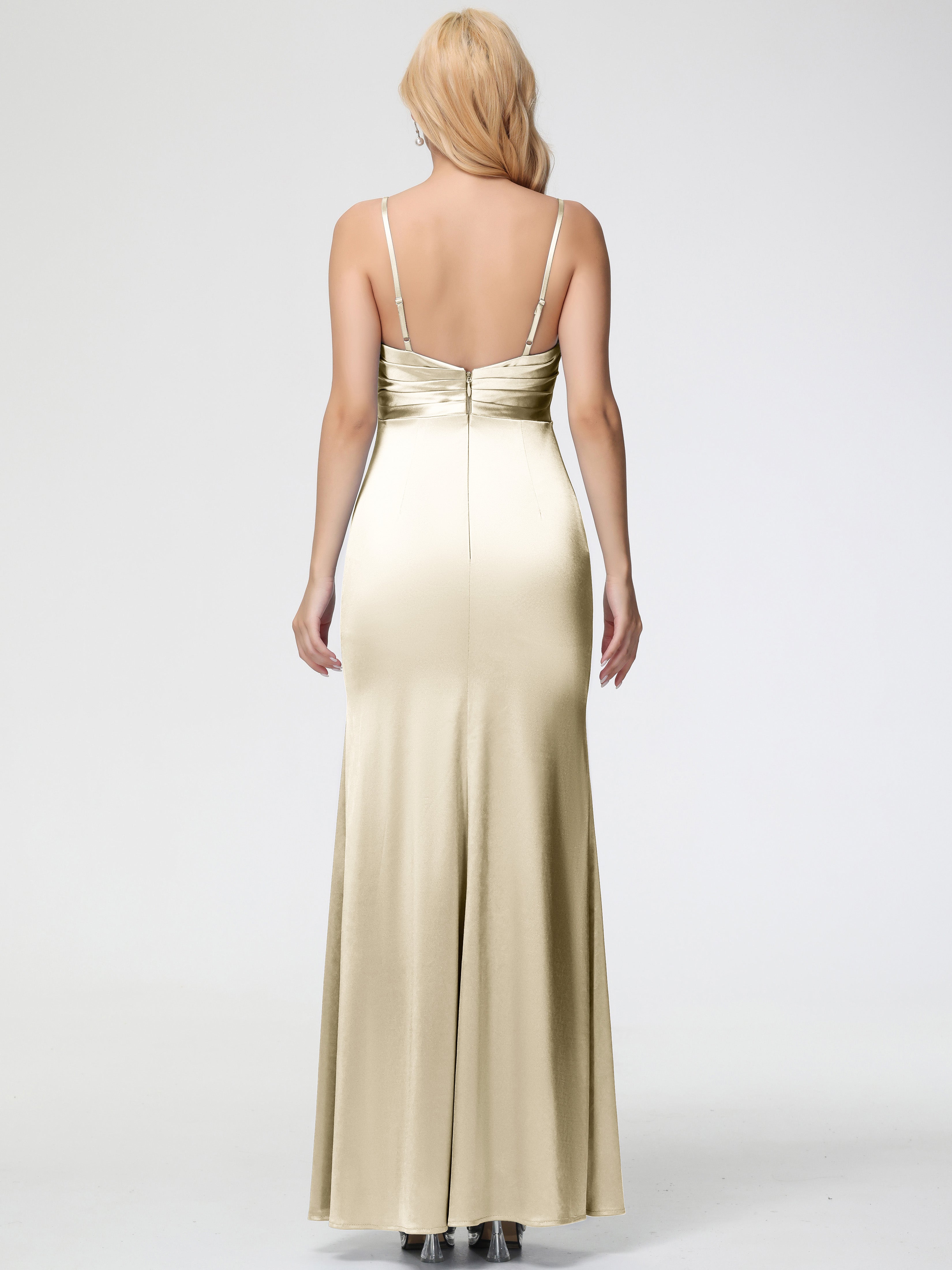 Robe De Demoiselle D Honneur Couleur Champagne Col V Satin Extensible Fendue Robe De Demoiselle D'Honneur