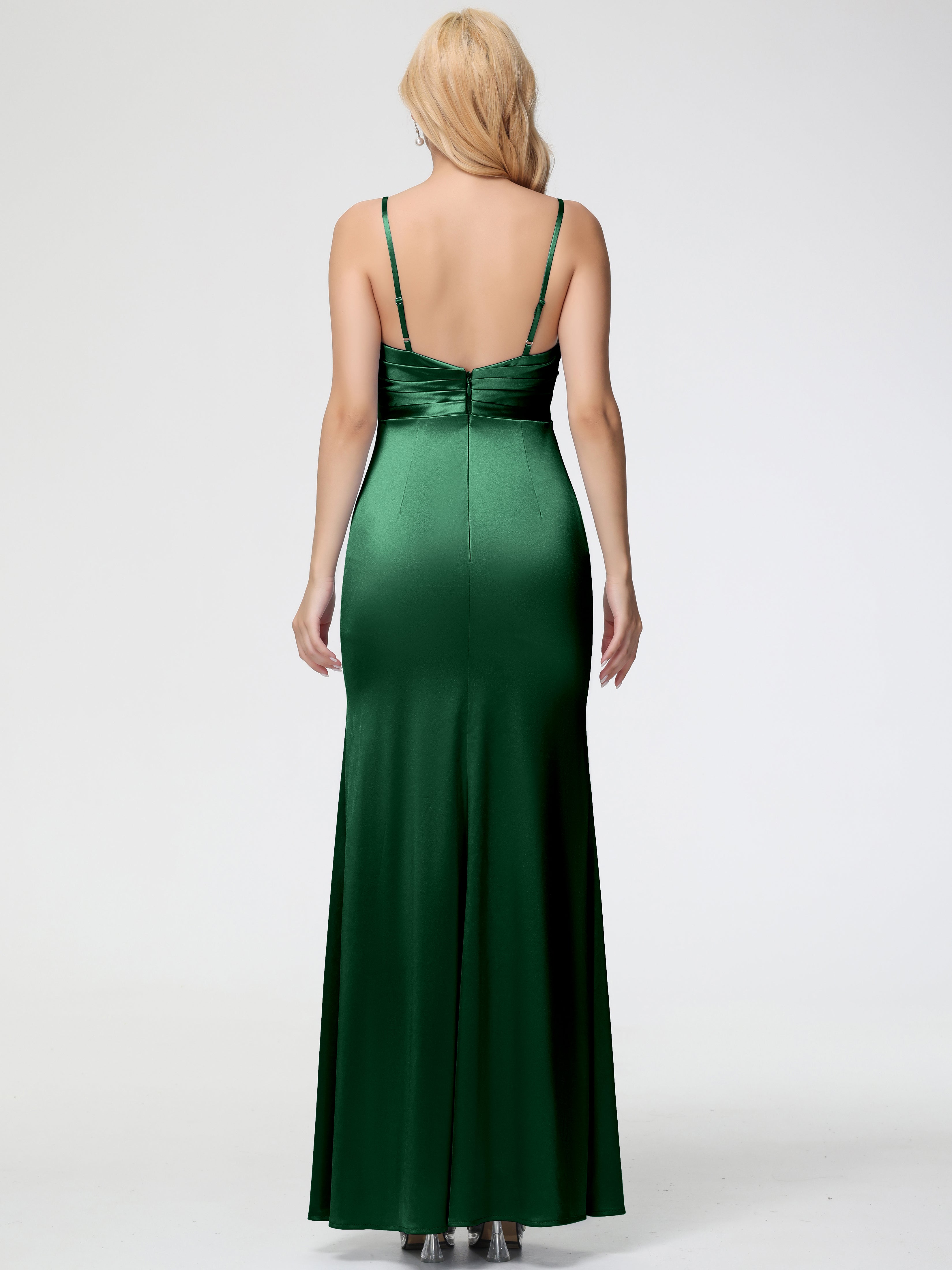 Robes De Demoiselle D'Honneur VERT FONCÉ Col V Satin Extensible Fendue