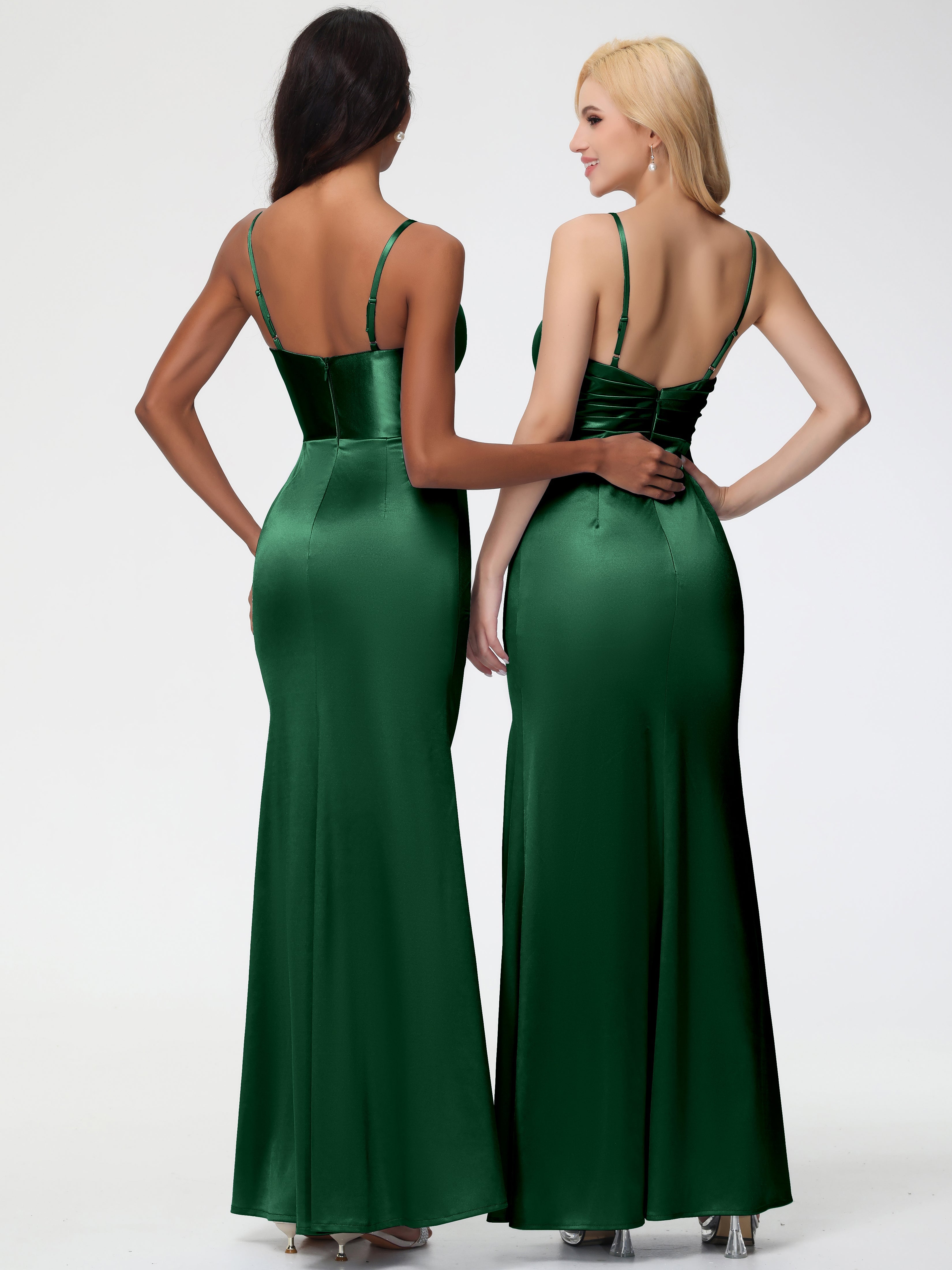 Robes De Demoiselle D'Honneur VERT FONCÉ Col V Satin Extensible Fendue