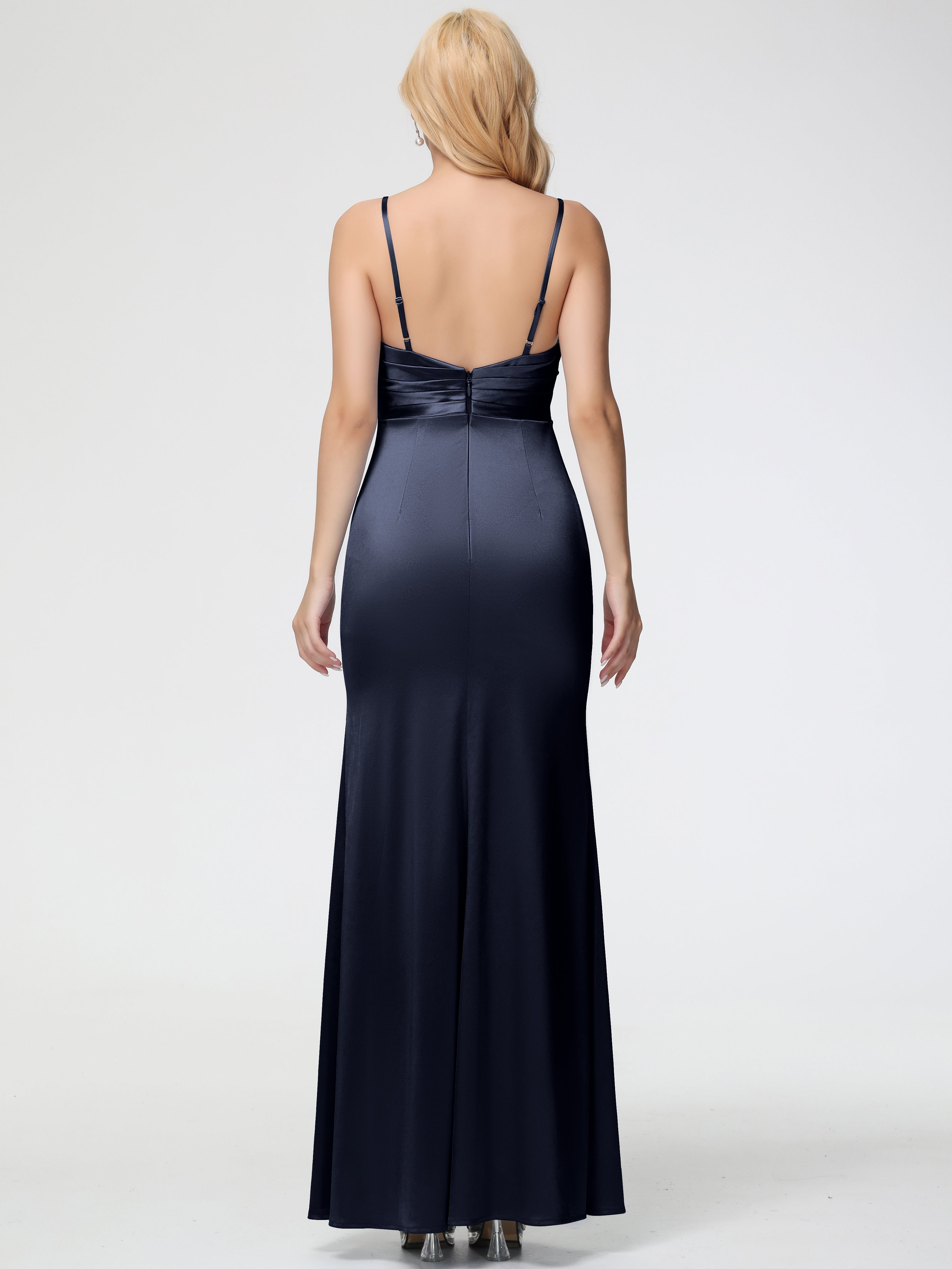 Robe Demoiselle D Honneur Bleu Marine Pas Cher Col V Satin Extensible Fendue Robe De Demoiselle D'Honneur