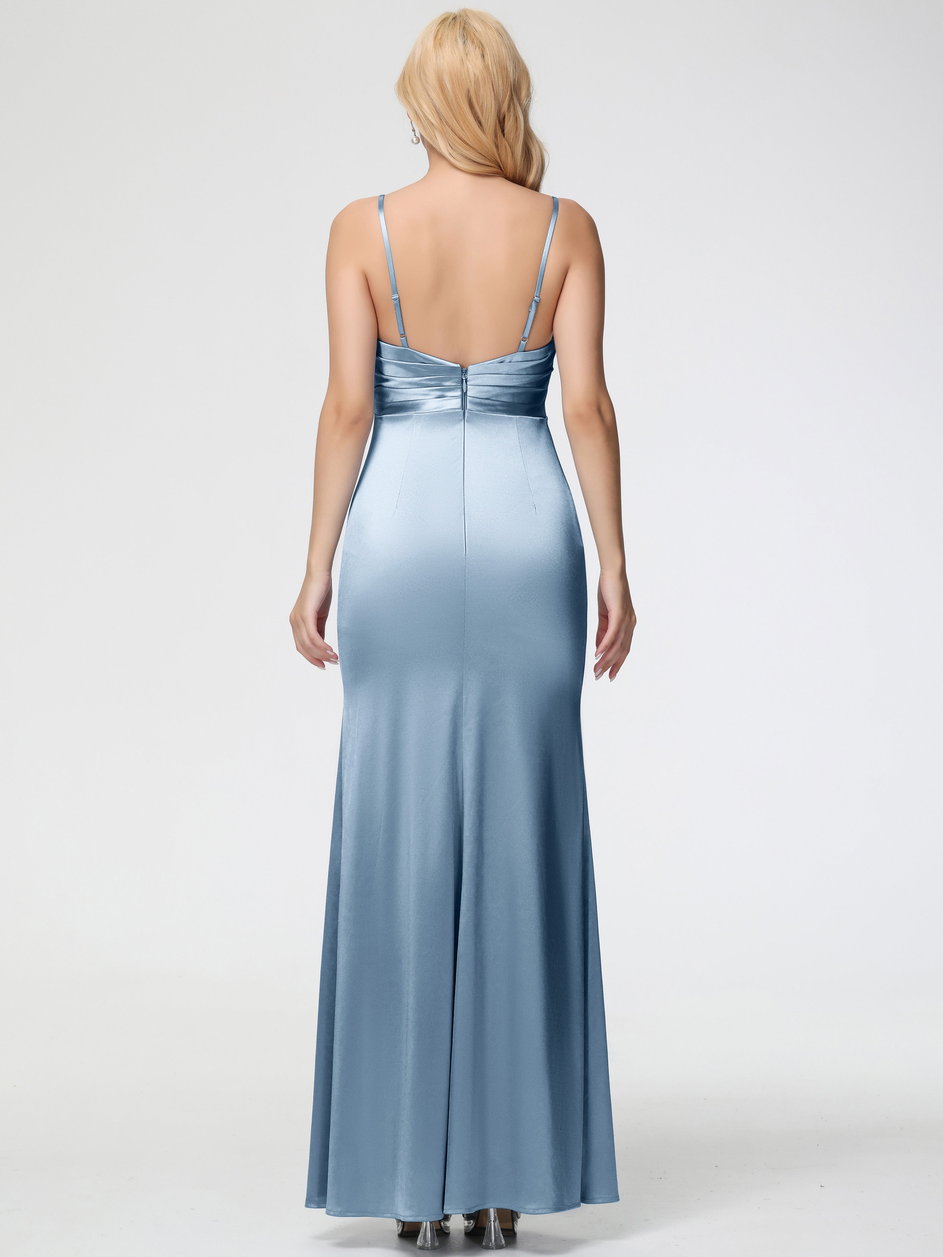 Robe Demoiselle D Honneur Bleu Poussiereux Col V Satin Extensible Fendue Robe De Demoiselle D'Honneur