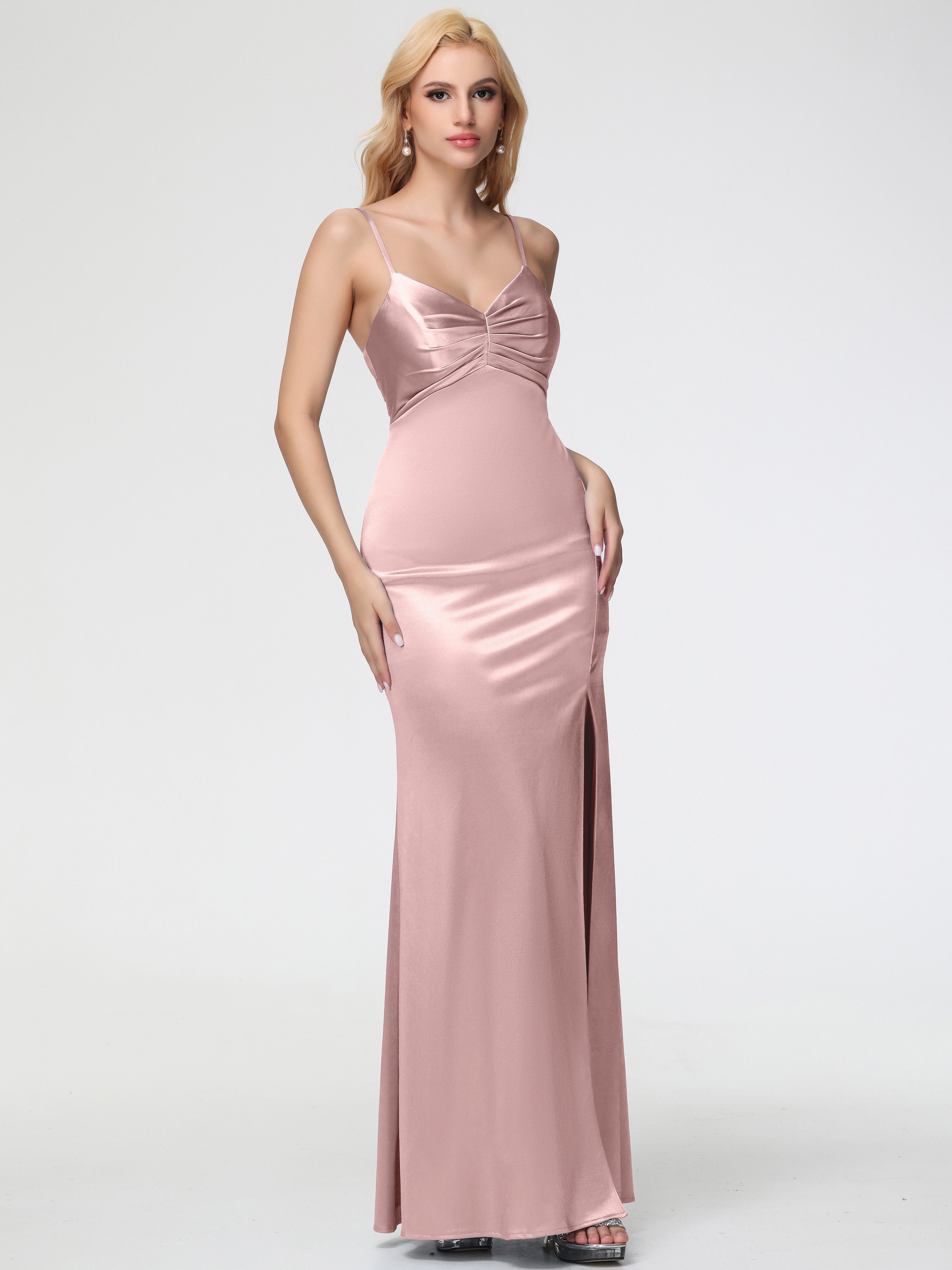 Robe Longue Demoiselle D Honneur ROSE POUDRÉ Col V Satin Extensible Fendue Robe De Demoiselle D'Honneur