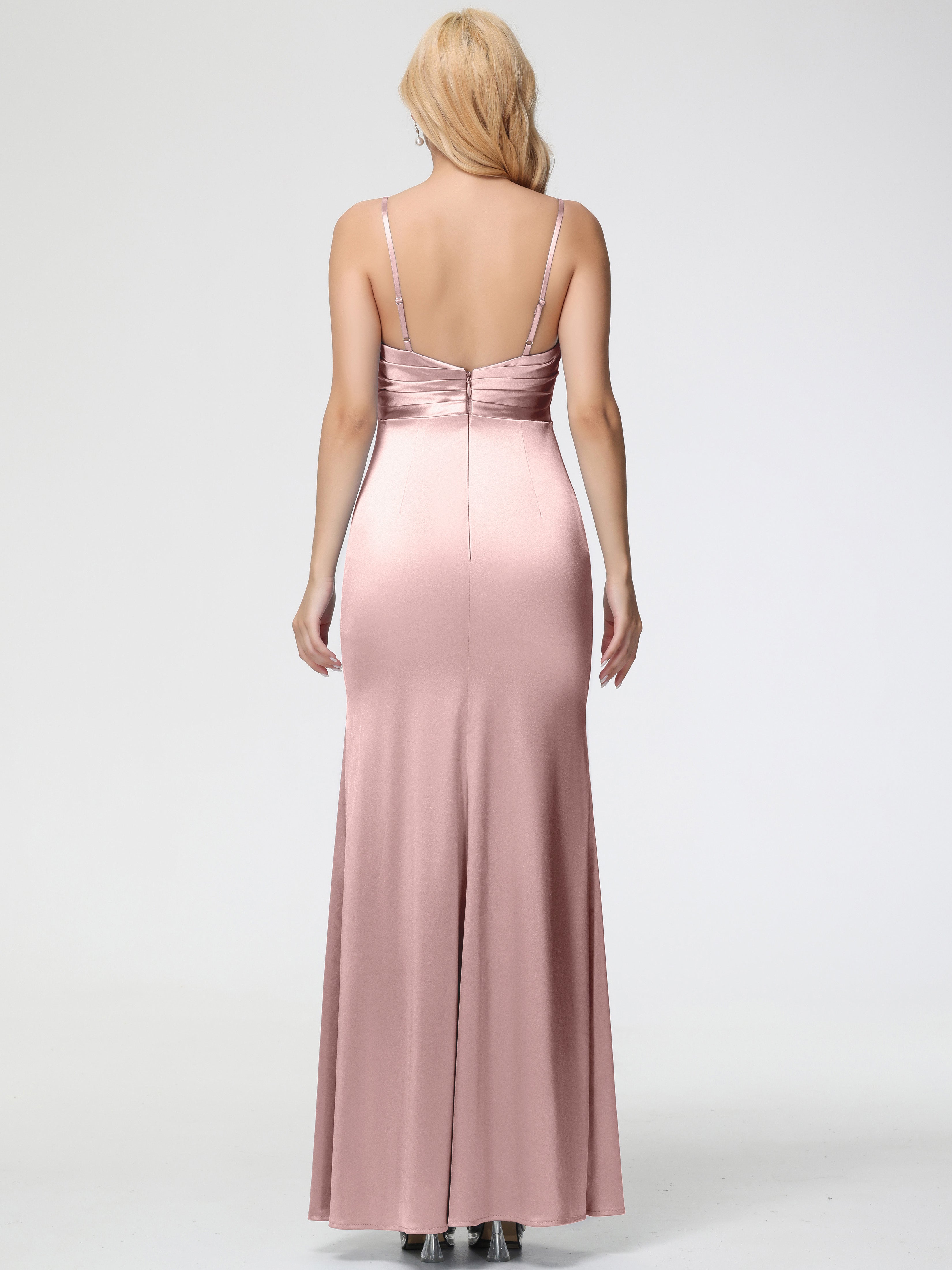 Robe Longue Demoiselle D Honneur ROSE POUDRÉ Col V Satin Extensible Fendue Robe De Demoiselle D'Honneur