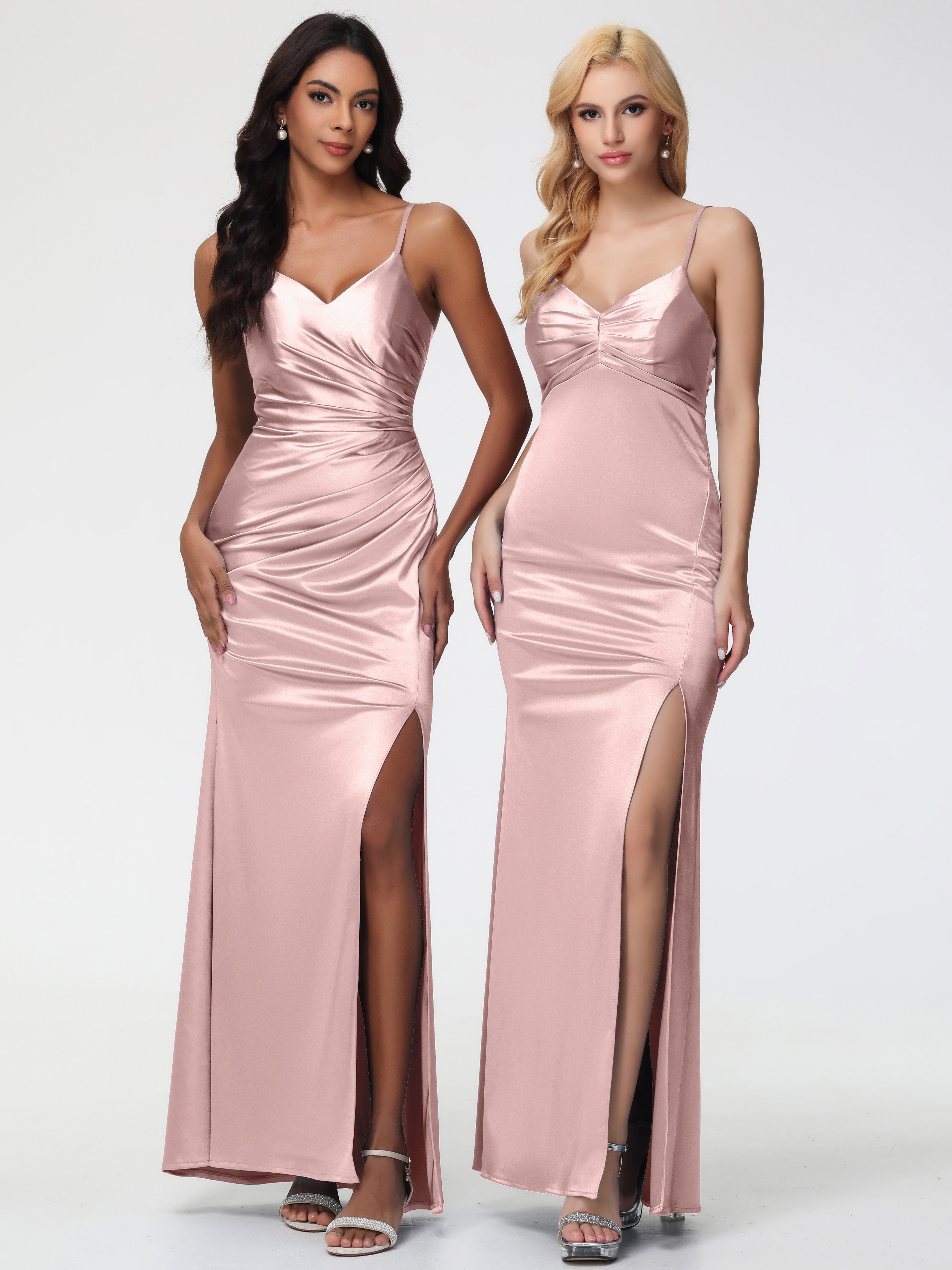 Robe Longue Demoiselle D Honneur ROSE POUDRÉ Col V Satin Extensible Fendue Robe De Demoiselle D'Honneur