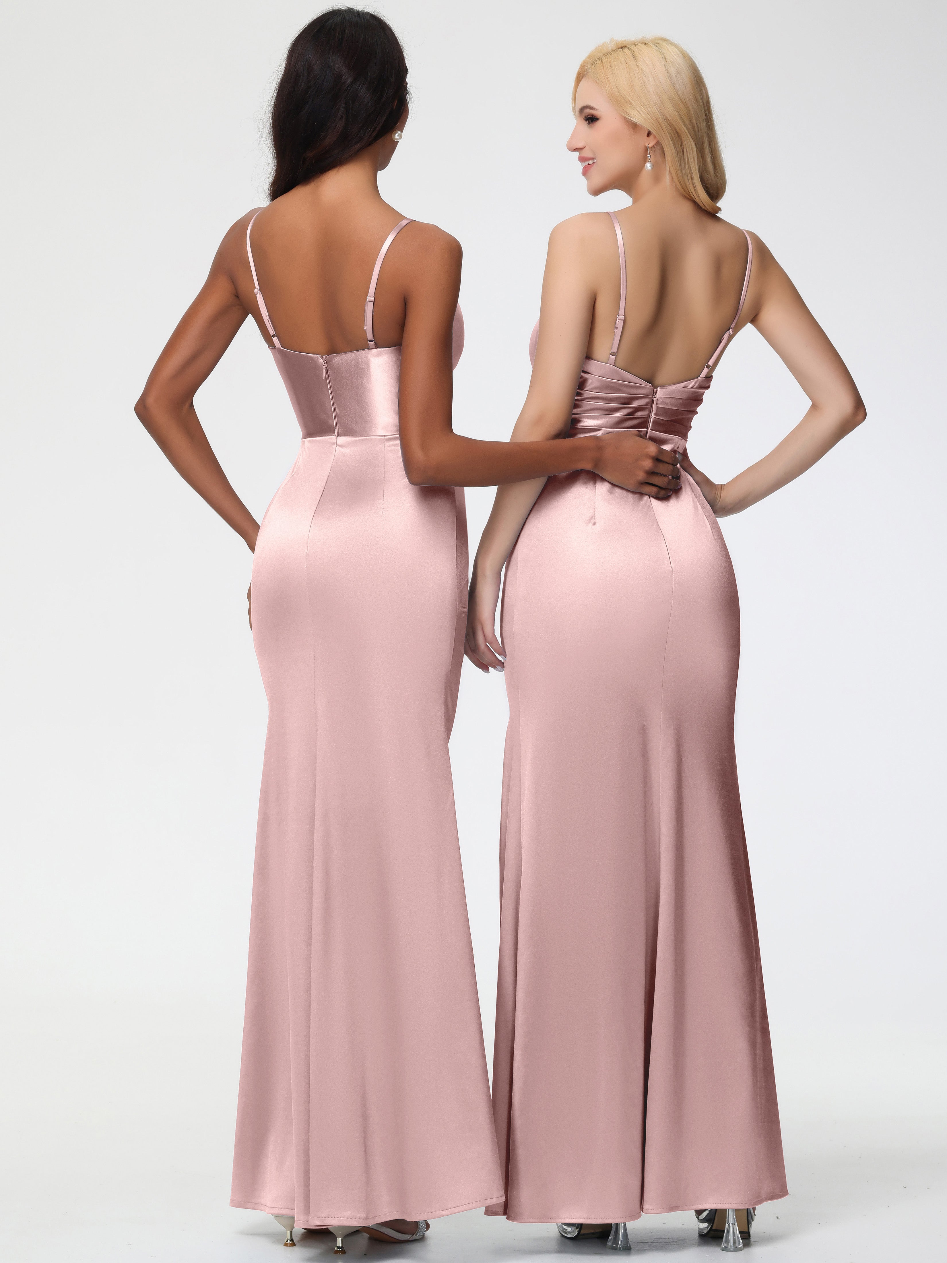 Robe Longue Demoiselle D Honneur ROSE POUDRÉ Col V Satin Extensible Fendue Robe De Demoiselle D'Honneur