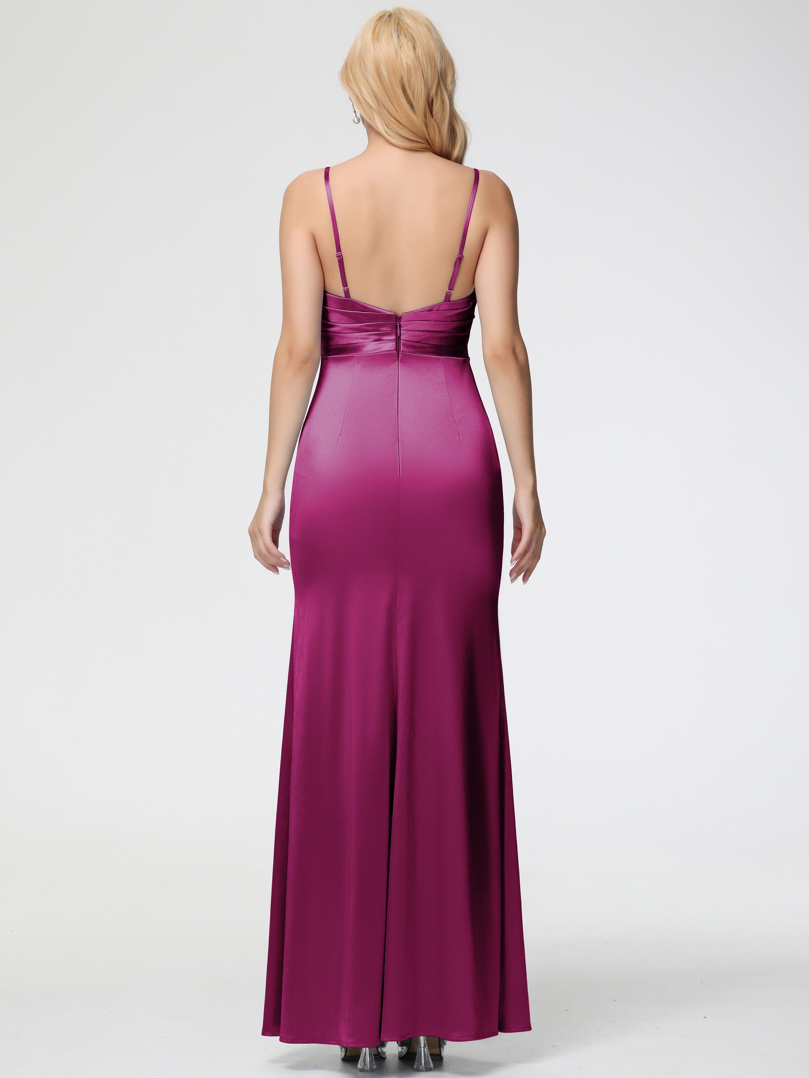Robe De Demoiselle D Honneur Fuchsia Col V Satin Extensible Fendue Robe De Demoiselle D'Honneur