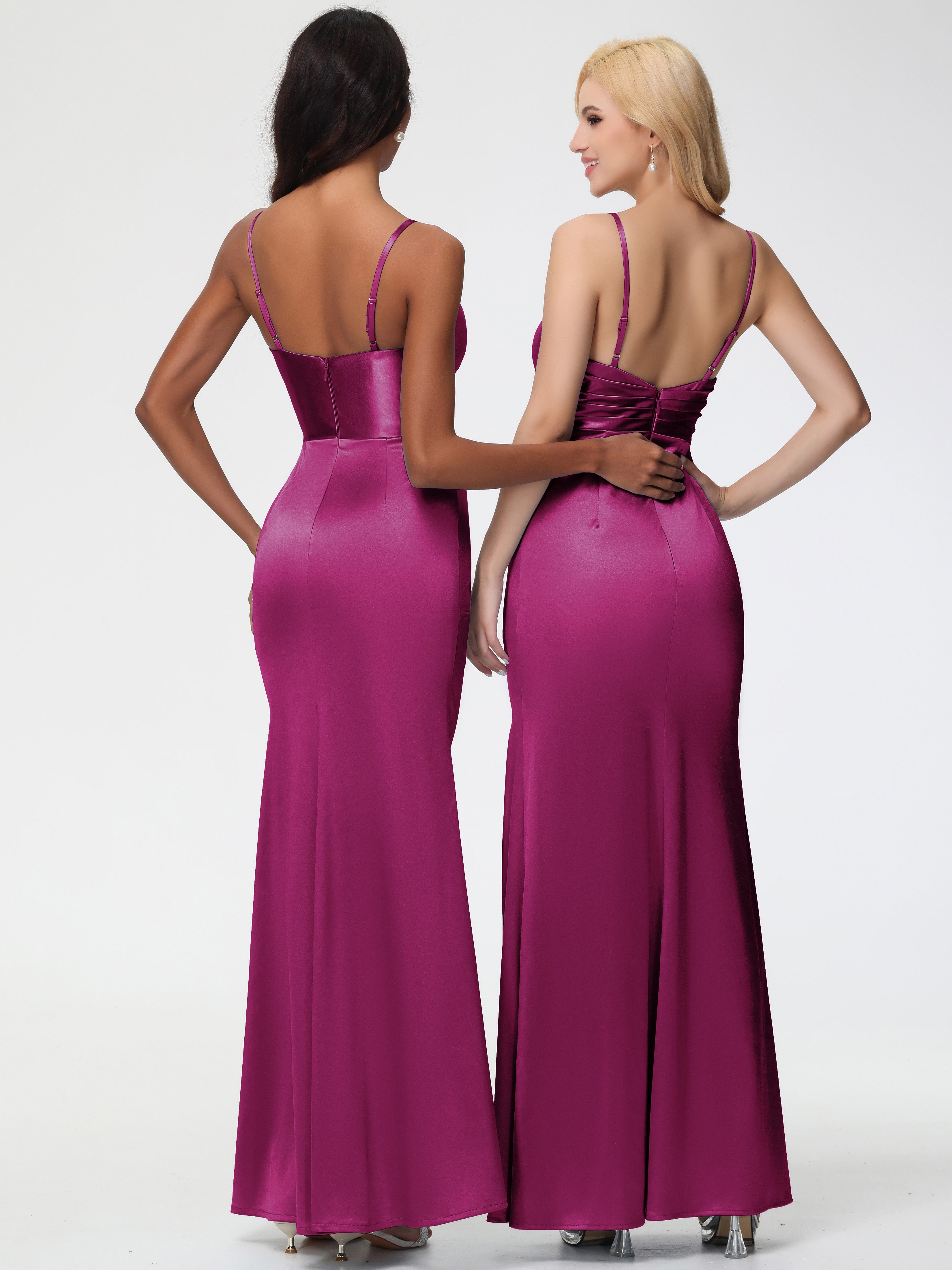 Robe De Demoiselle D Honneur Fuchsia Col V Satin Extensible Fendue Robe De Demoiselle D'Honneur
