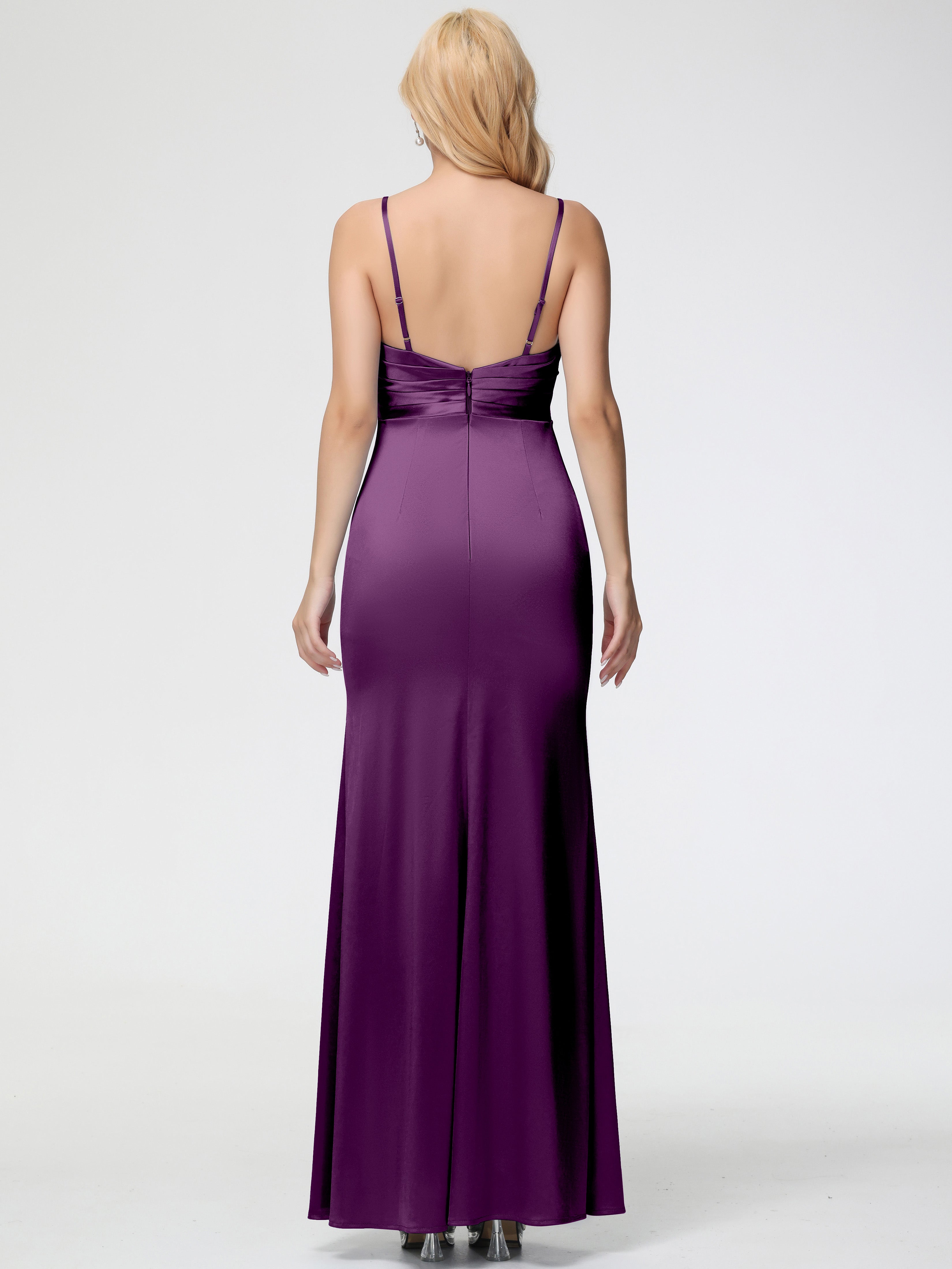 Robes De Demoiselle D'Honneur Raisin Col V Satin Extensible Fendue Robe De Demoiselle D'Honneur