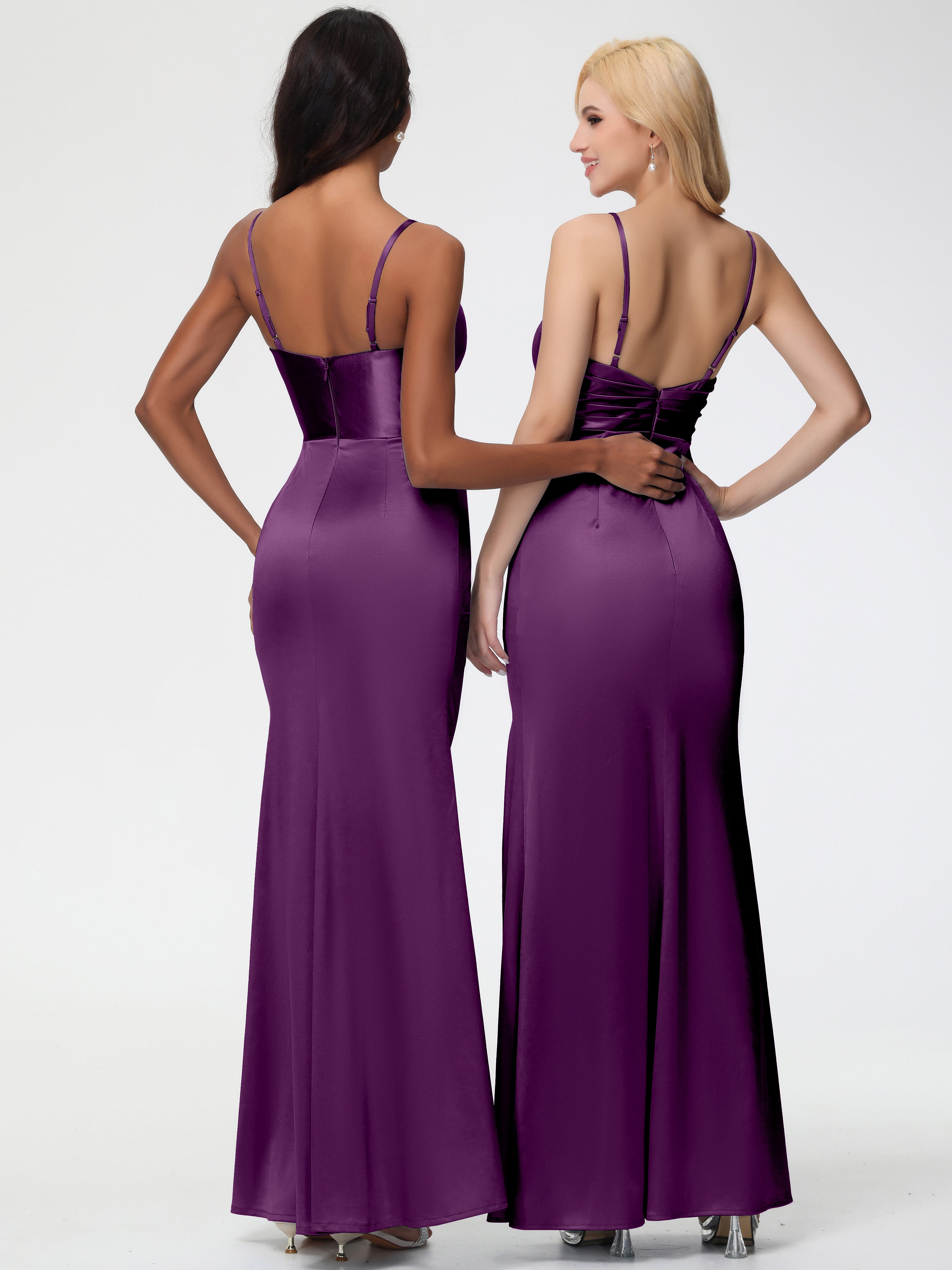 Robes De Demoiselle D'Honneur Raisin Col V Satin Extensible Fendue Robe De Demoiselle D'Honneur