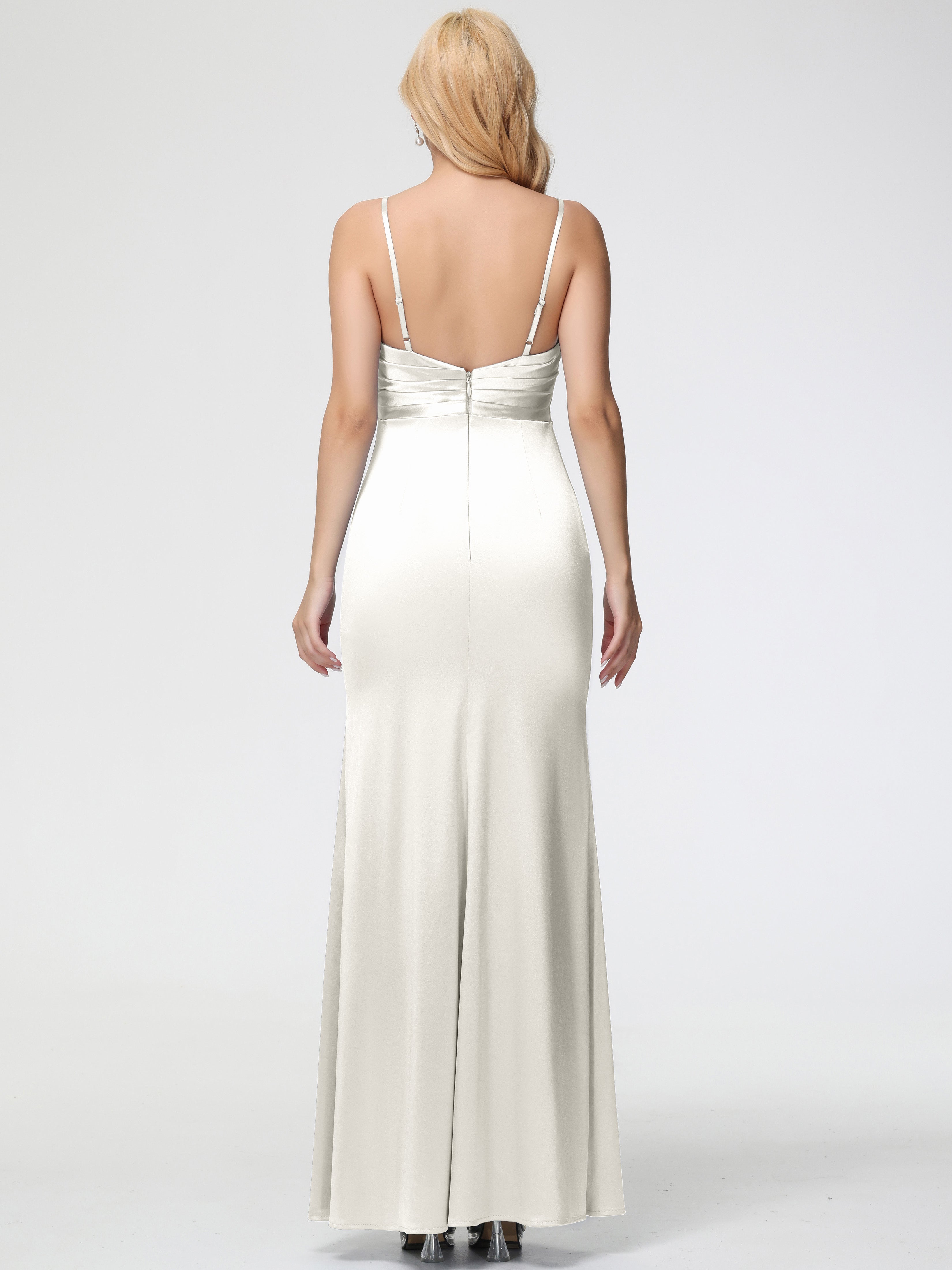 Robes De Demoiselle D'Honneur Ivoire Col V Satin Extensible Fendue Robe De Demoiselle D'Honneur