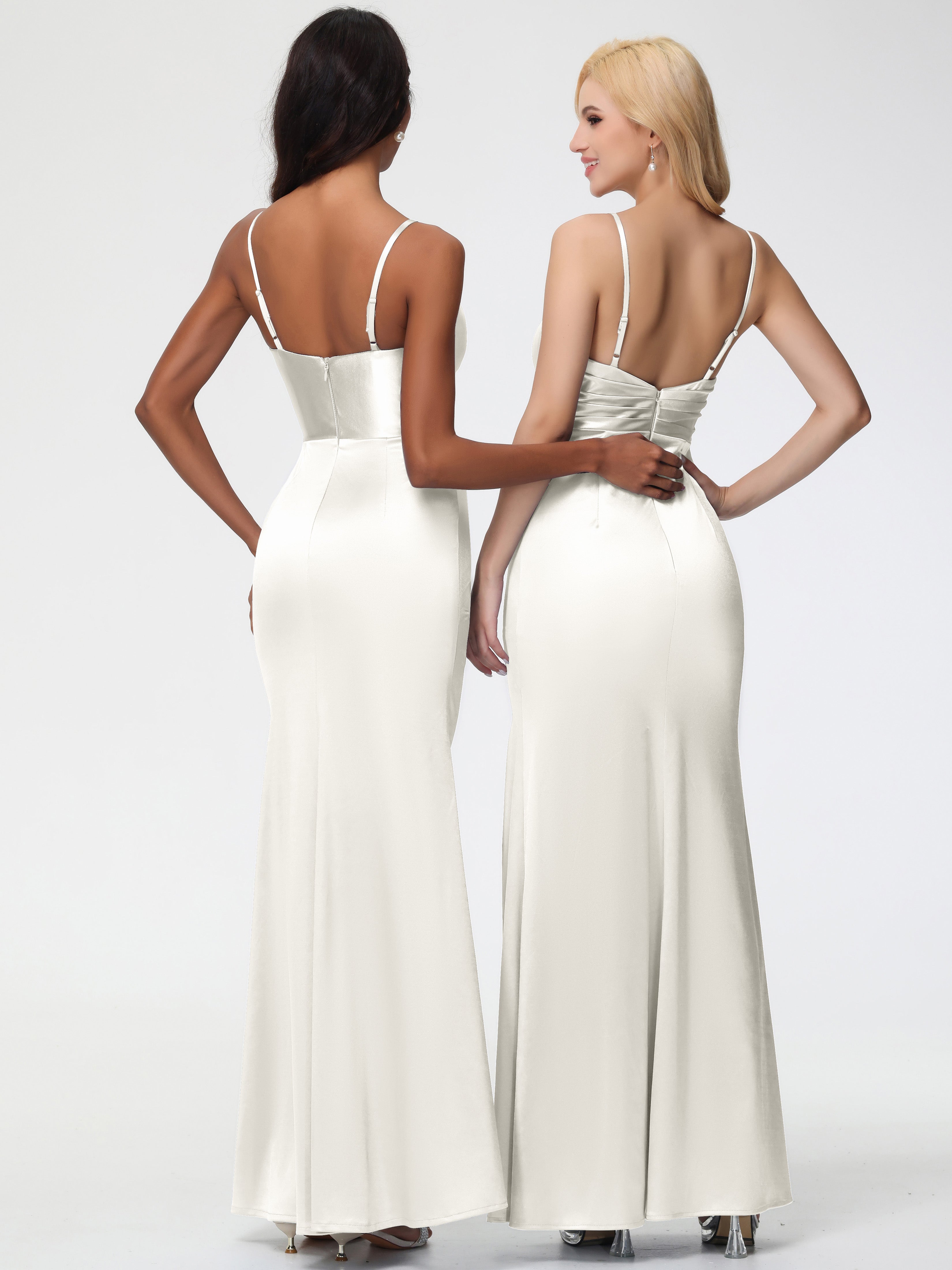 Robes De Demoiselle D'Honneur Ivoire Col V Satin Extensible Fendue Robe De Demoiselle D'Honneur