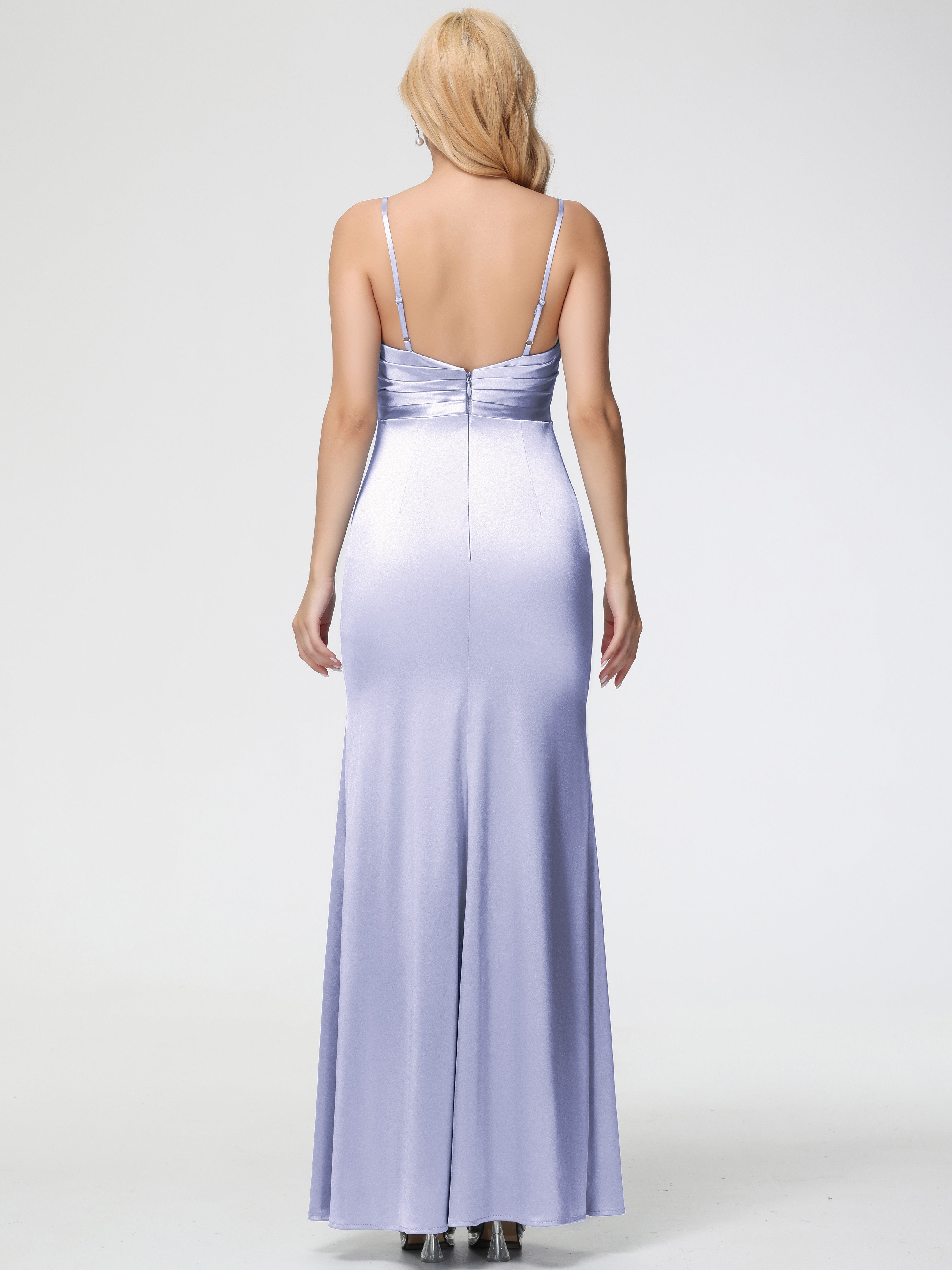 Robe Lavande Demoiselle D Honneur Col V Satin Extensible Fendue Robe De Demoiselle D'Honneur