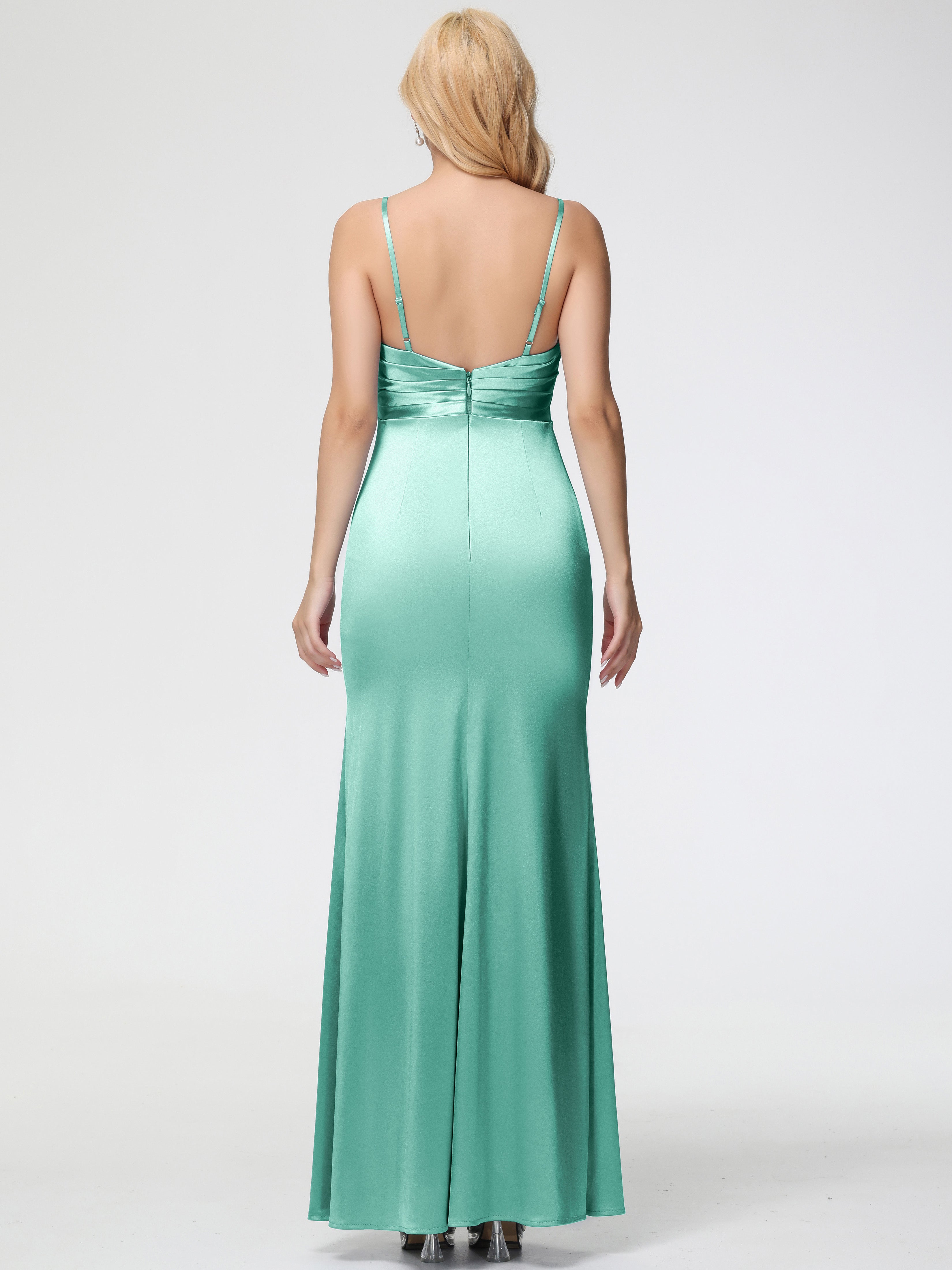 Robes De Demoiselle D'Honneur Vert Menthe Col V Satin Extensible Fendue