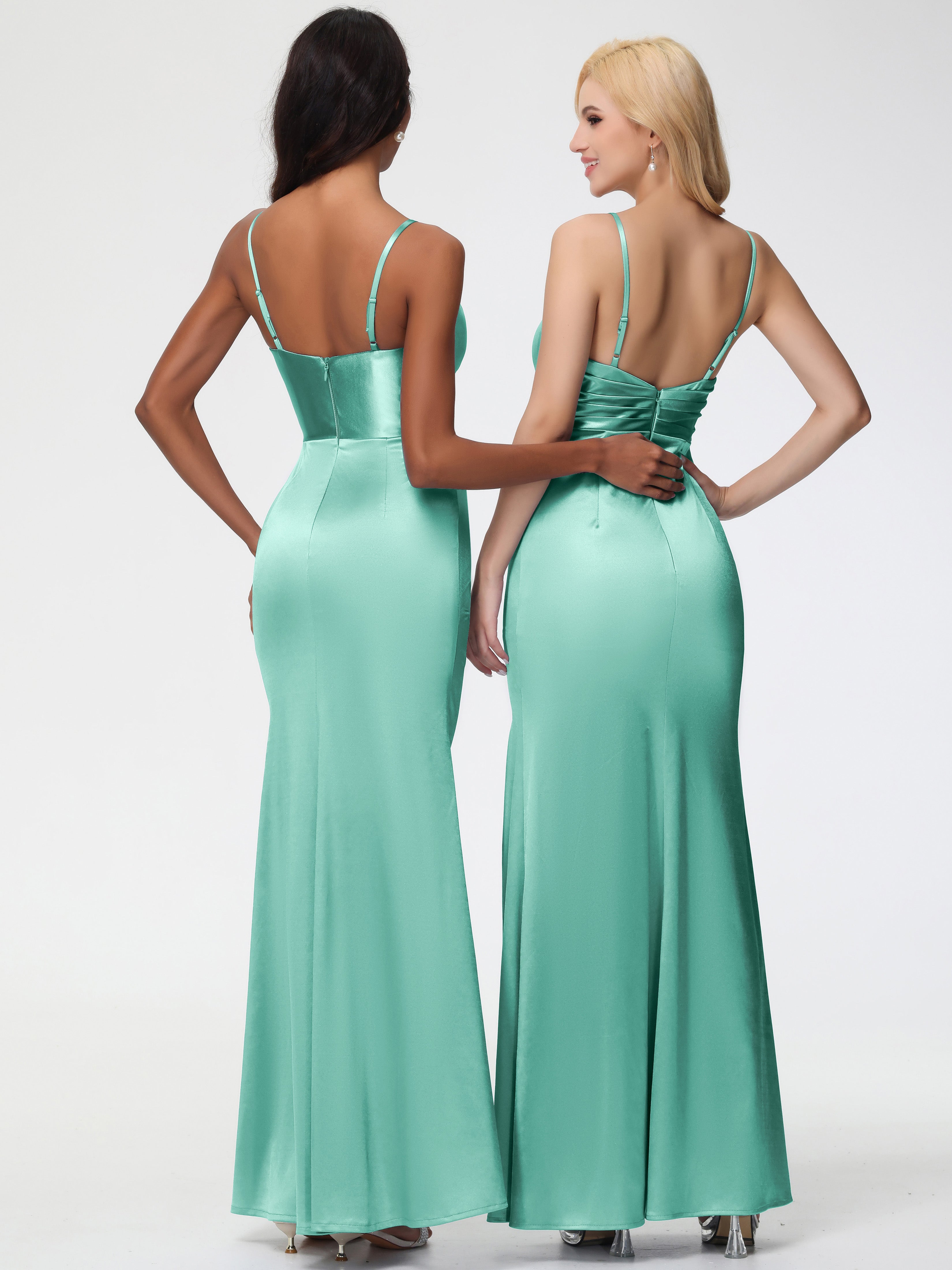 Robes De Demoiselle D'Honneur Vert Menthe Col V Satin Extensible Fendue