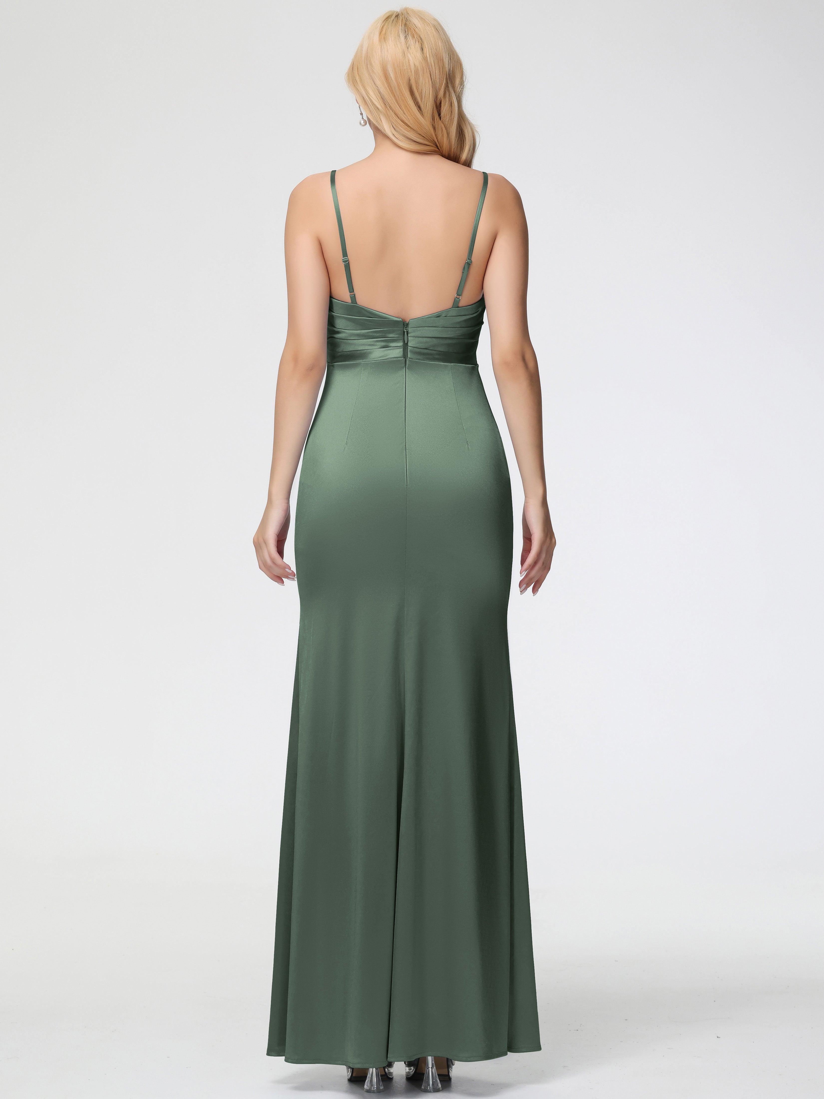 Robe Vert Olive Demoiselle D Honneur Col V Satin Extensible Fendue