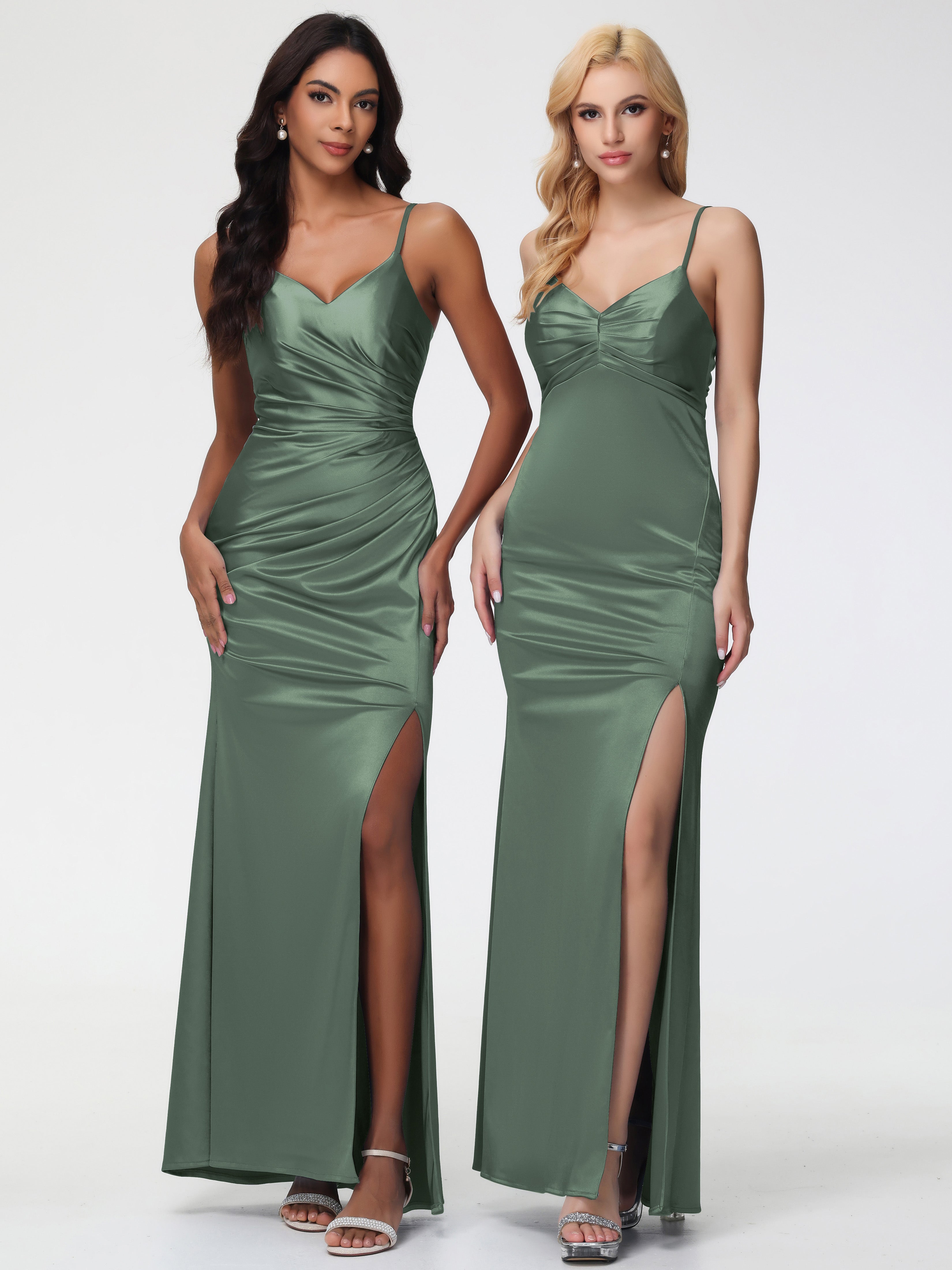 Robe Vert Olive Demoiselle D Honneur Col V Satin Extensible Fendue