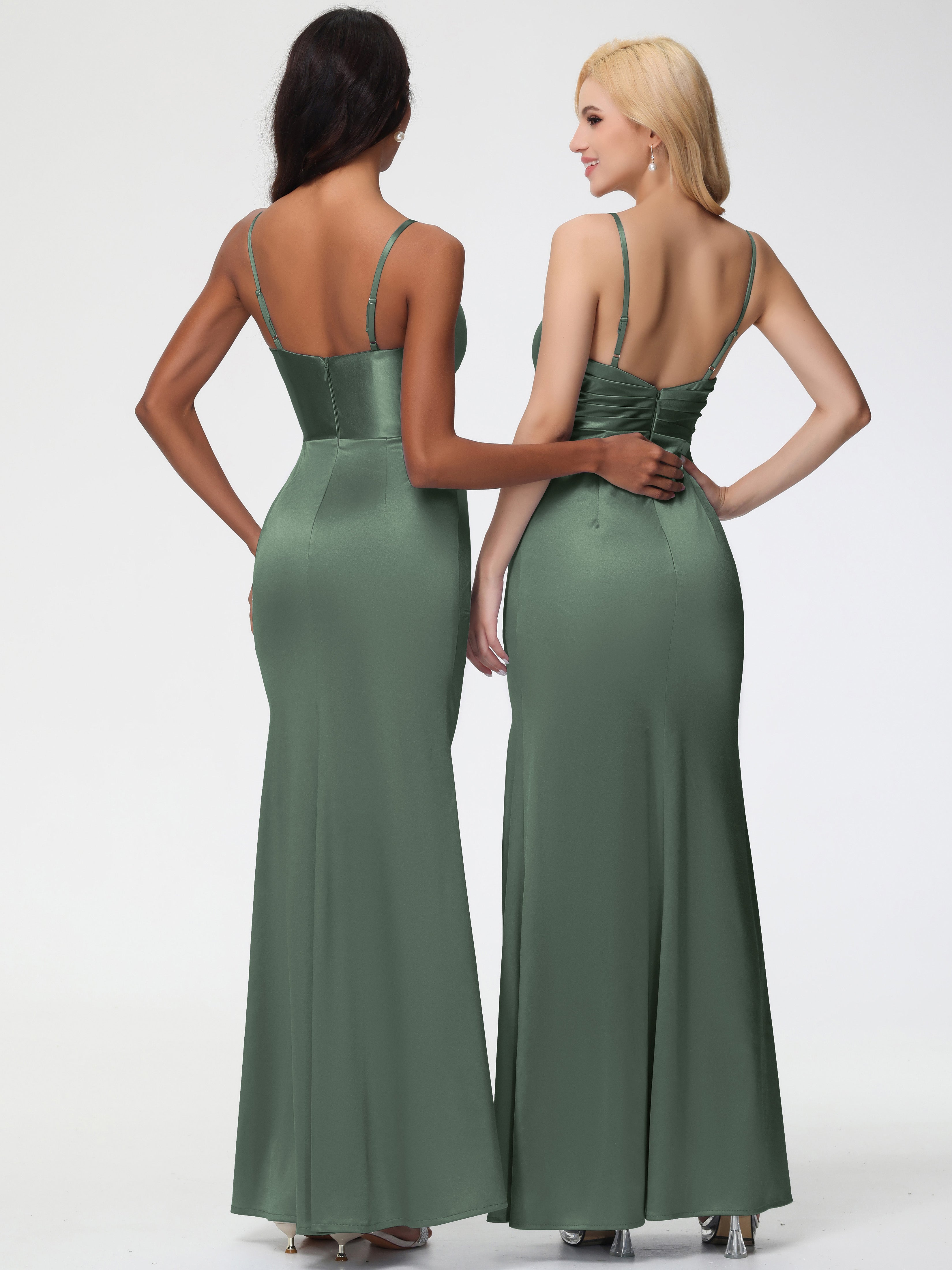 Robe Vert Olive Demoiselle D Honneur Col V Satin Extensible Fendue