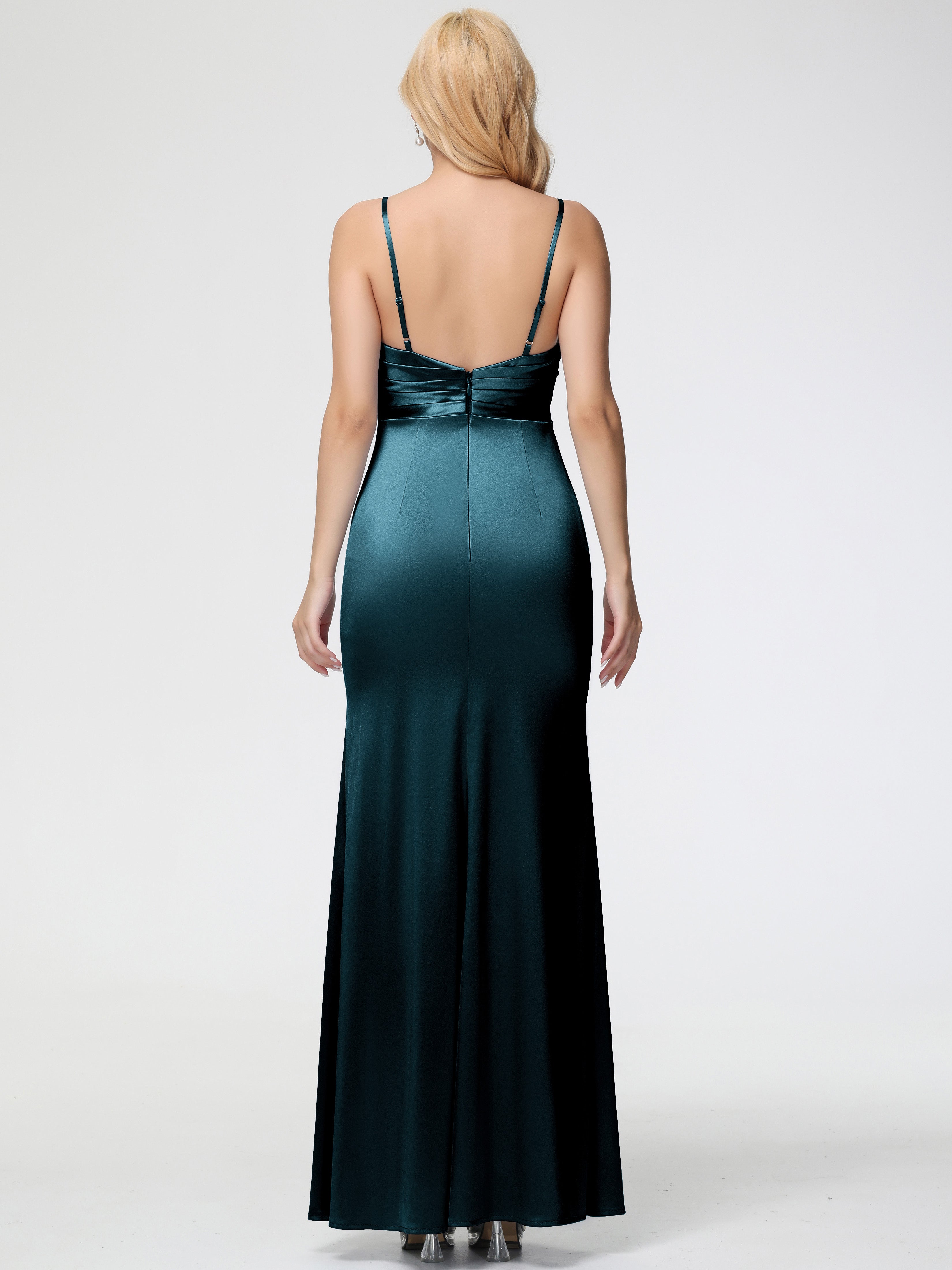 Robe Demoiselle D Honneur Bleu Paon Col V Satin Extensible Fendue Robe De Demoiselle D'Honneur