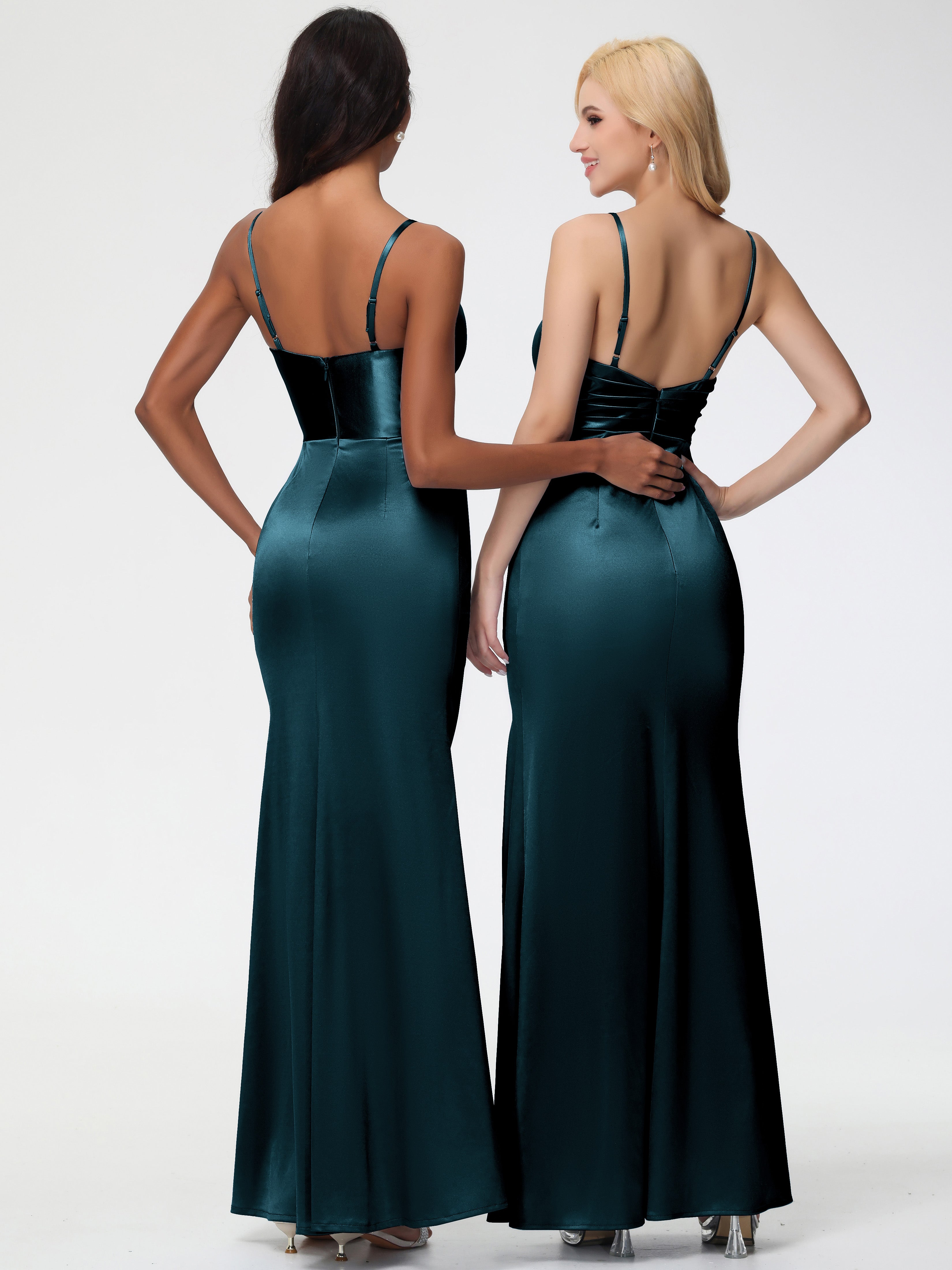 Robe Demoiselle D Honneur Bleu Paon Col V Satin Extensible Fendue Robe De Demoiselle D'Honneur