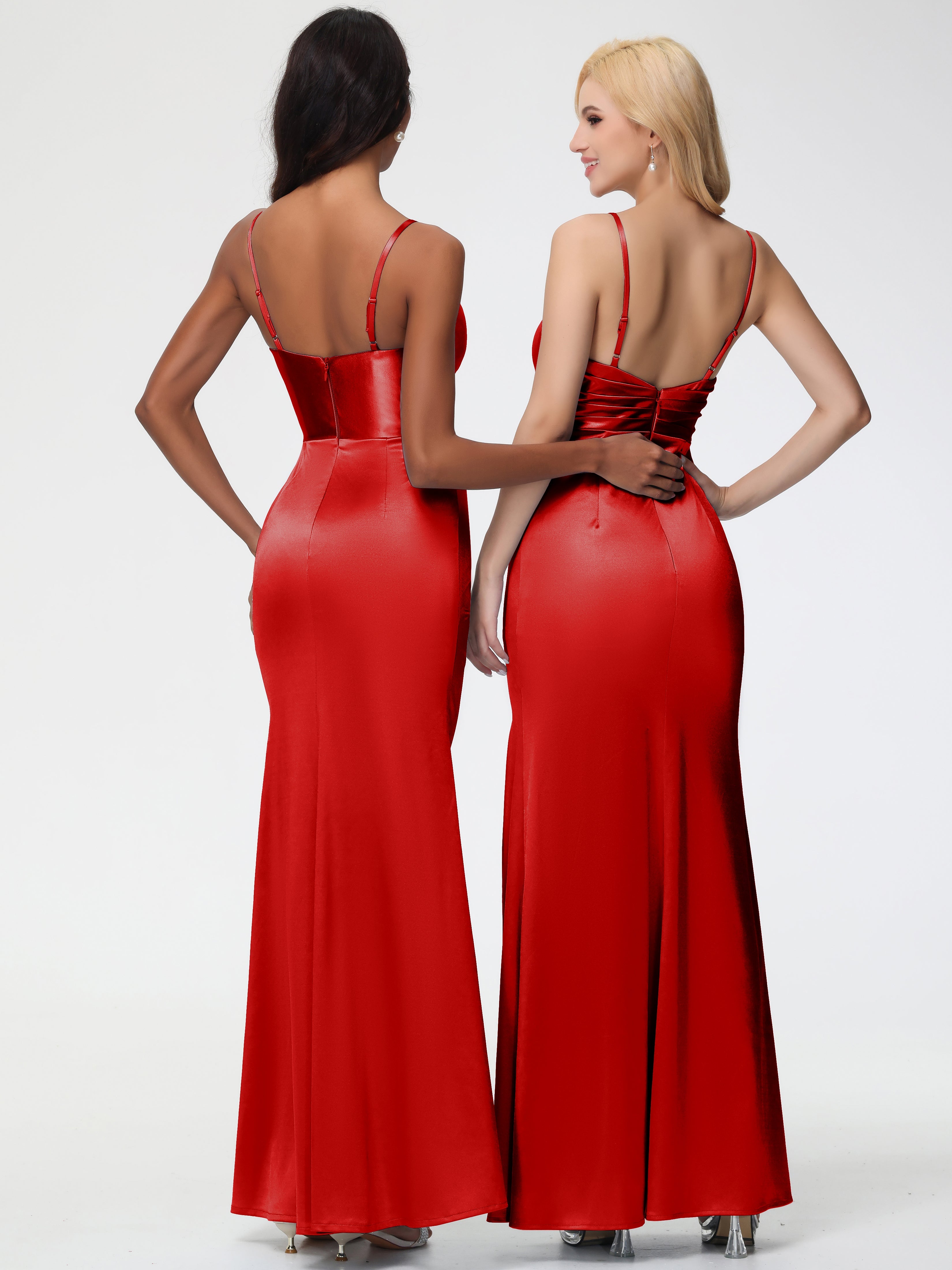 Robes Demoiselle D Honneur Rouge Col V Satin Extensible Fendue Robe De Demoiselle D'Honneur