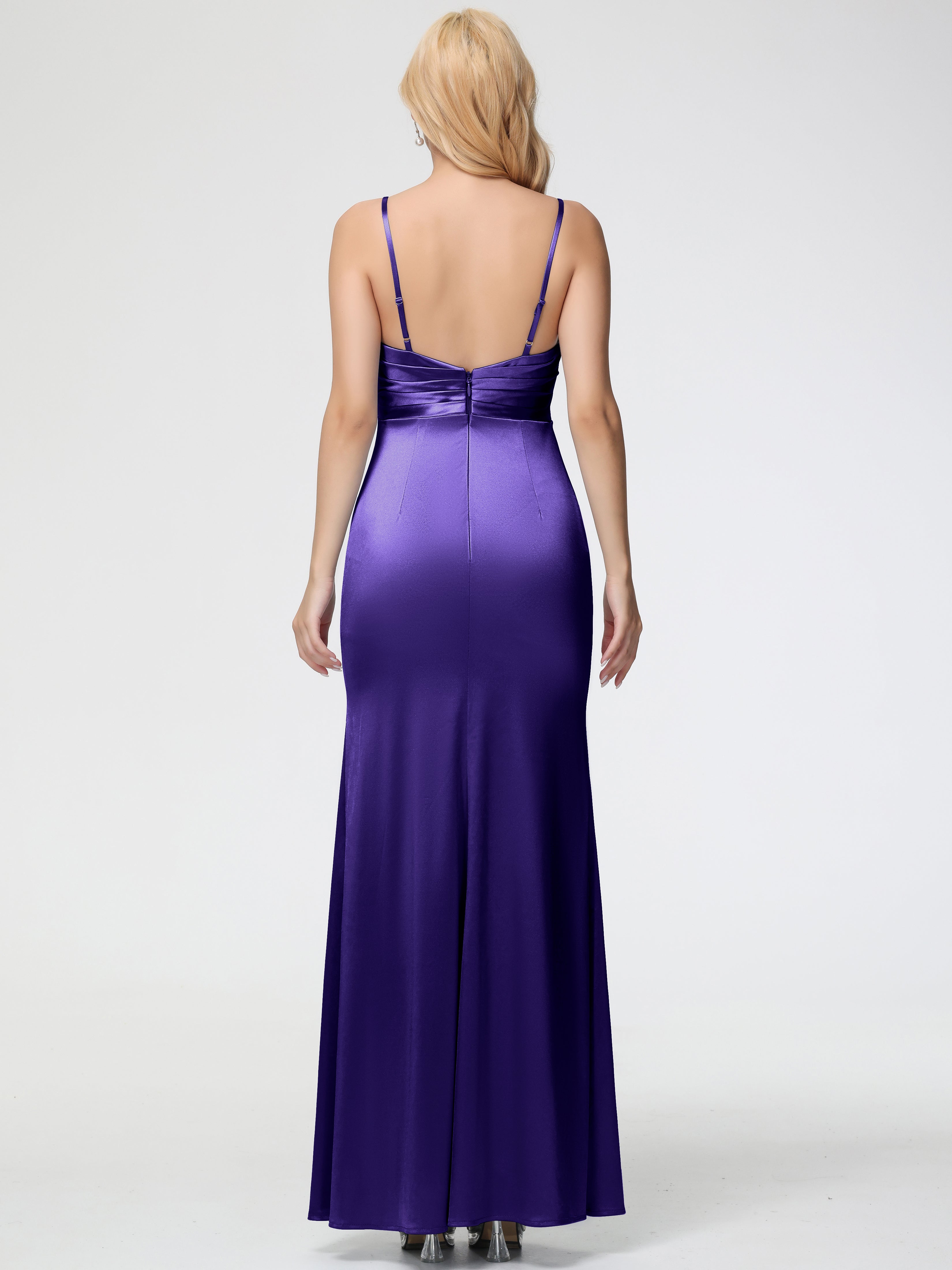 Robes De Demoiselle D'Honneur En Régence Col V Satin Extensible Fendue Robe De Demoiselle D'Honneur