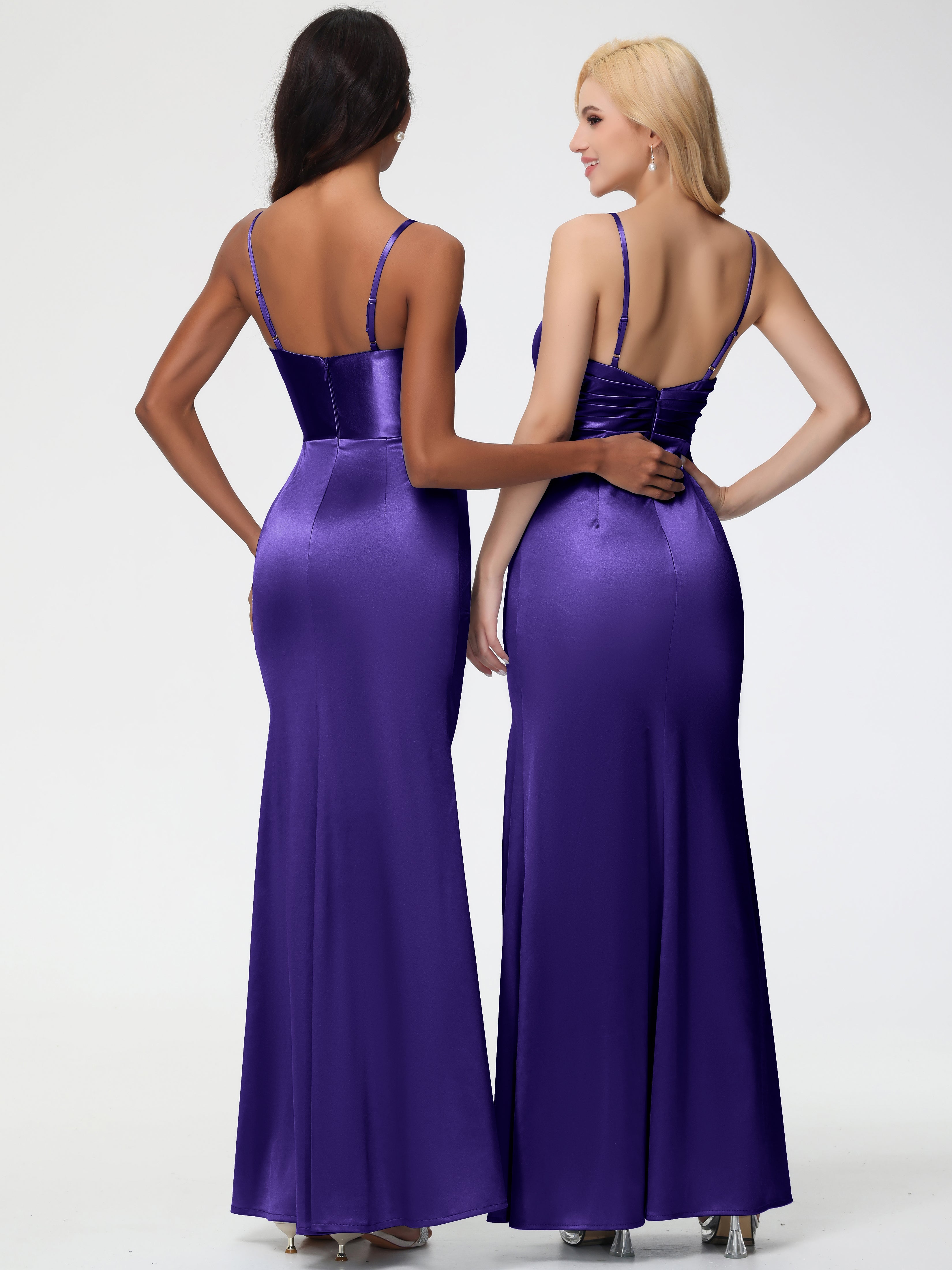 Robes De Demoiselle D'Honneur En Régence Col V Satin Extensible Fendue Robe De Demoiselle D'Honneur