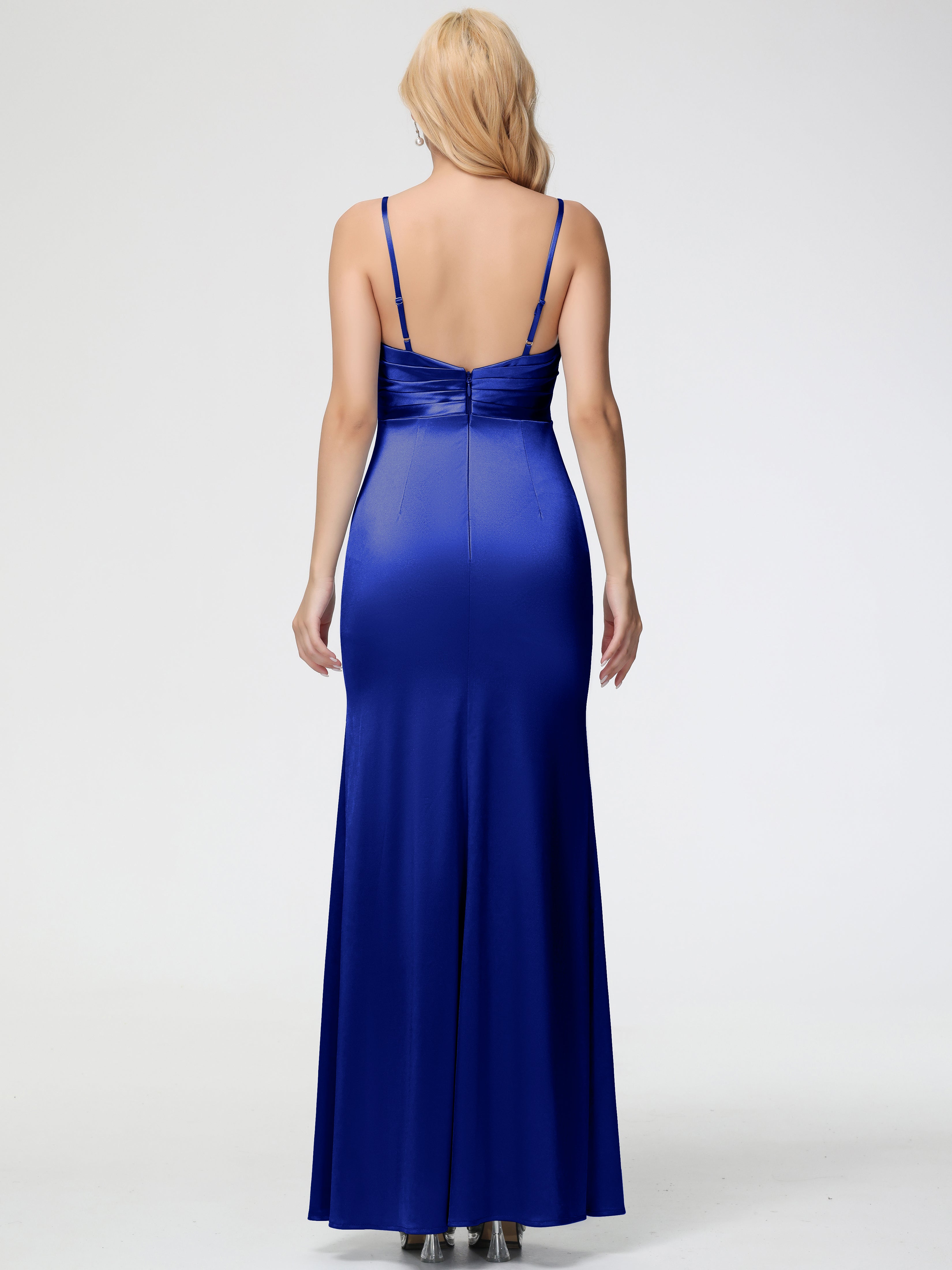 Robe De Demoiselle D Honneur Bleu Royal Col V Satin Extensible Fendue Robe De Demoiselle D'Honneur