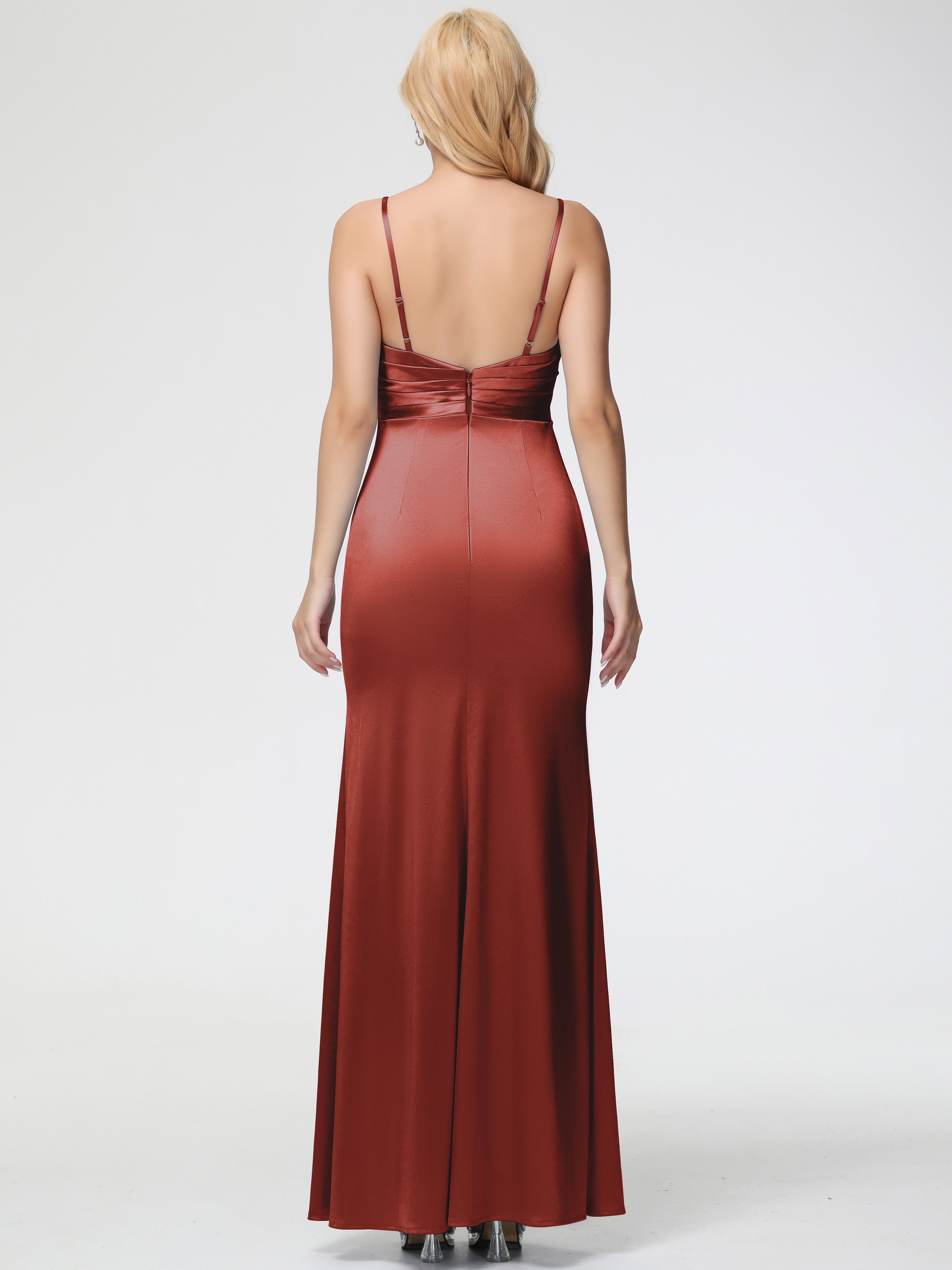 Robe De Demoiselle D'Honneur De Rouille Au Sol Col V Satin Extensible Fendue