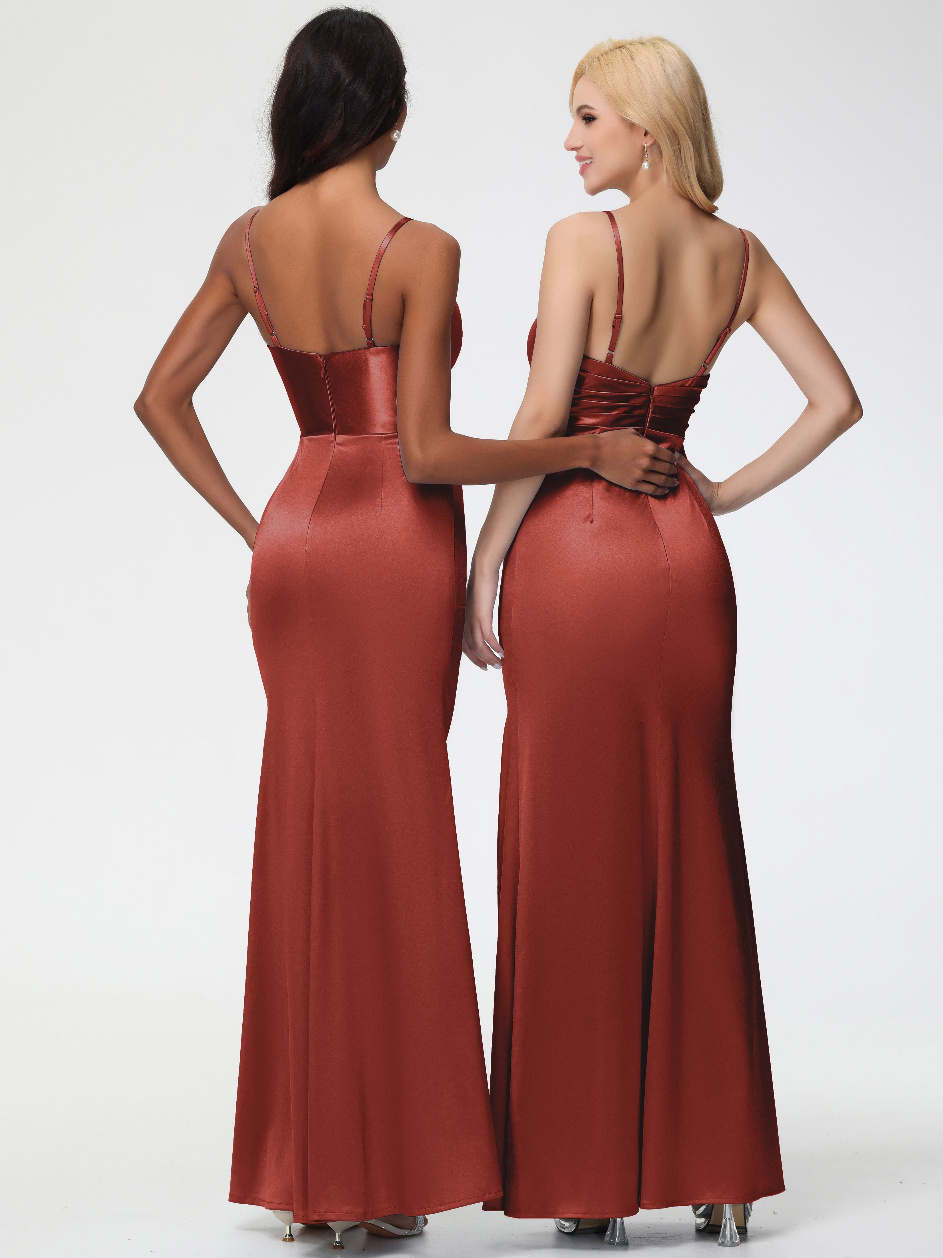 Robe De Demoiselle D'Honneur De Rouille Au Sol Col V Satin Extensible Fendue