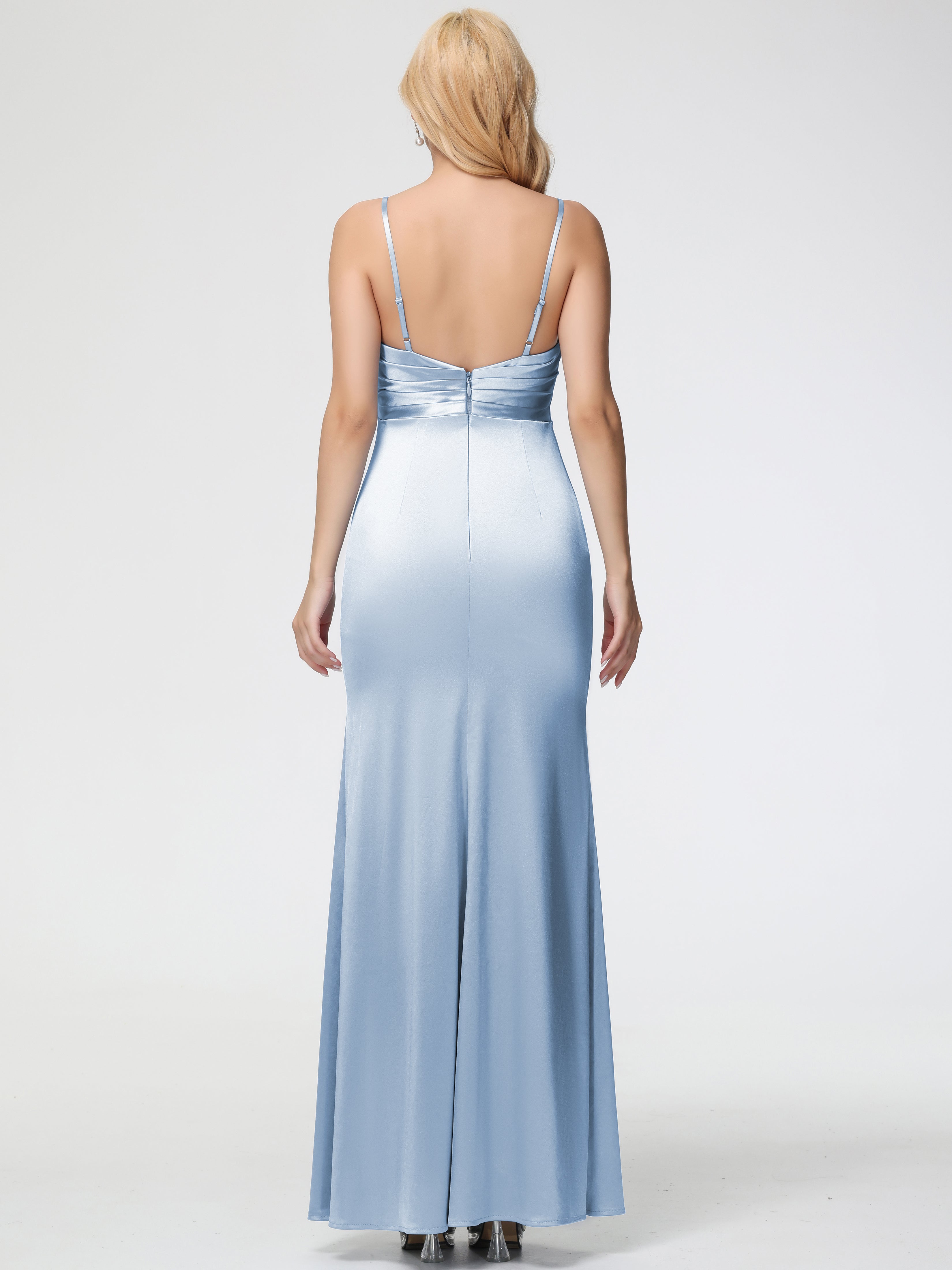 Demoiselle D Honneur Bleu Ciel Col V Satin Extensible Fendue Robe De Demoiselle D'Honneur