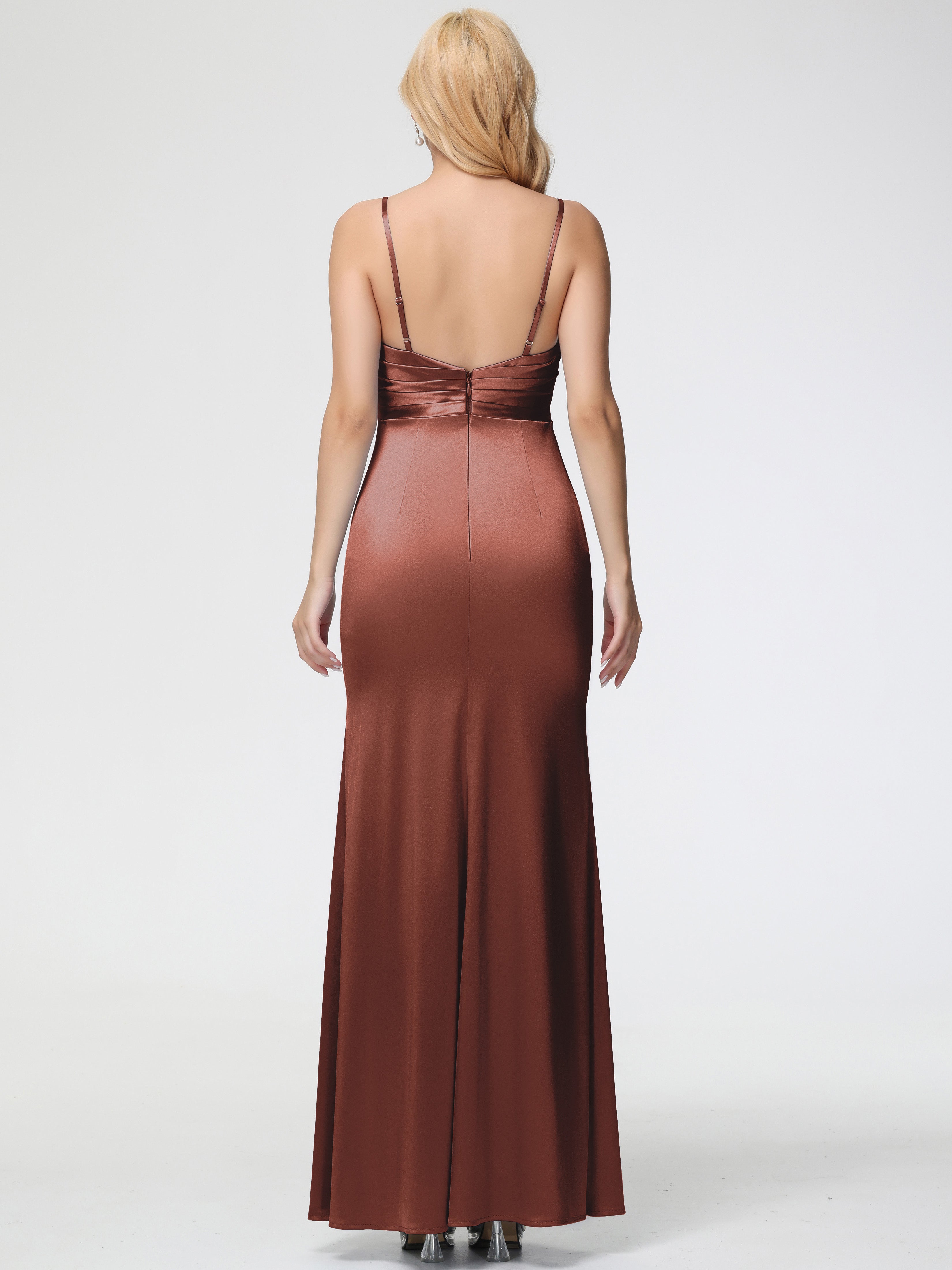 Robe Demoiselle D Honneur Couleur Terracotta Col V Satin Extensible Fendue