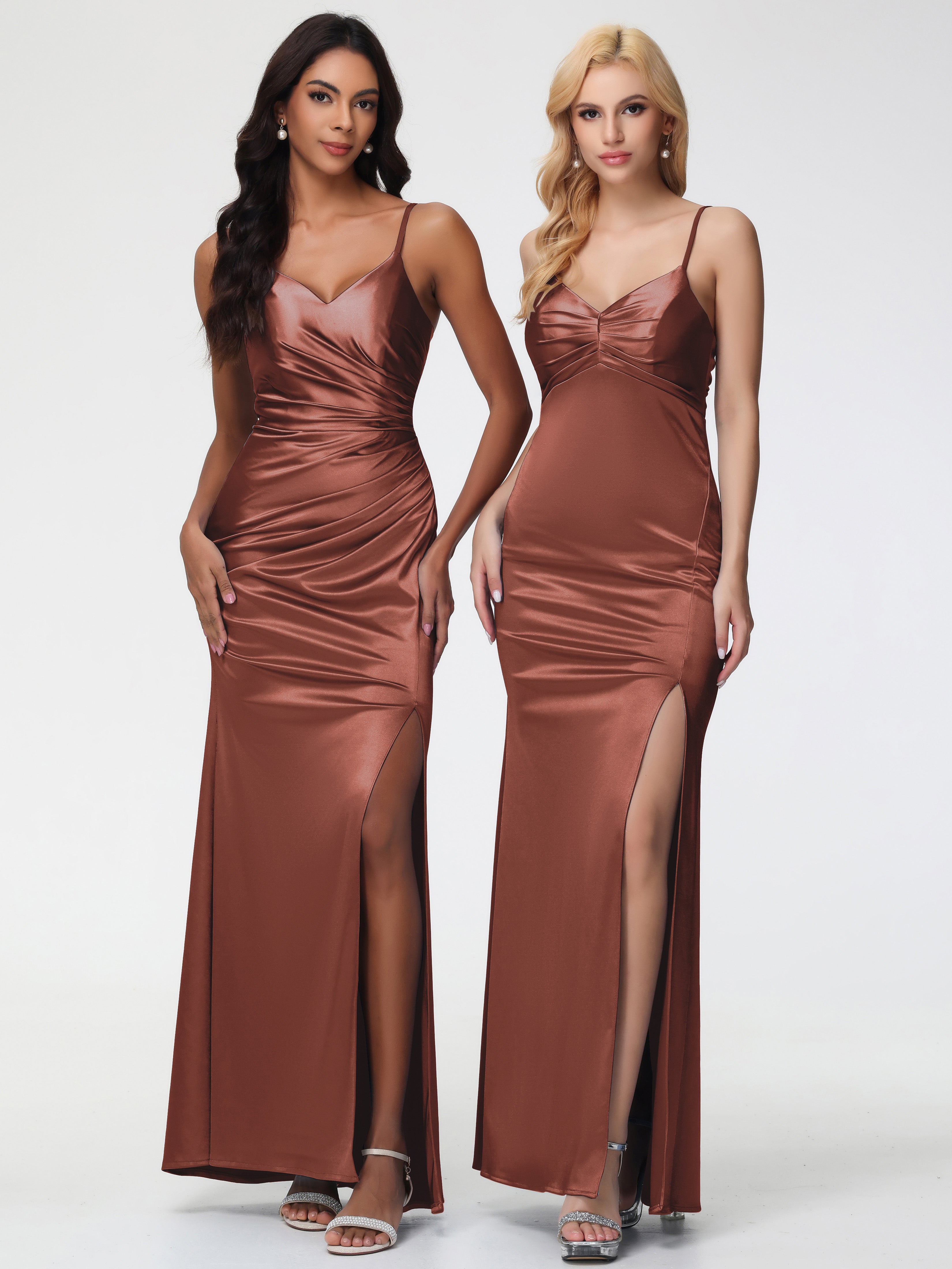 Robe Demoiselle D Honneur Couleur Terracotta Col V Satin Extensible Fendue