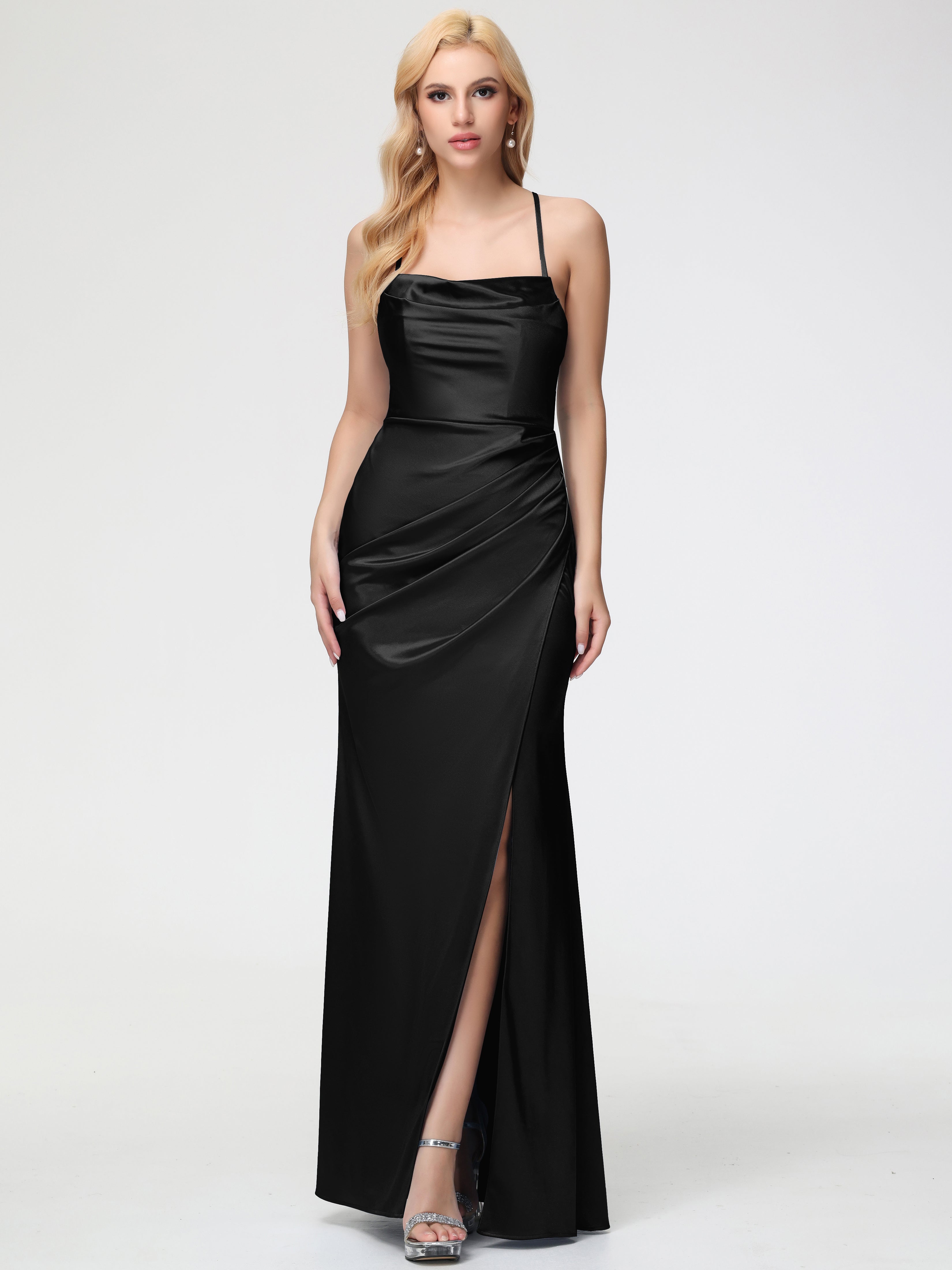 Demoiselle D Honneur En Noir Col Bénitier Satin Extensible Fendue Robe De Demoiselle D'Honneur Robe Plisée