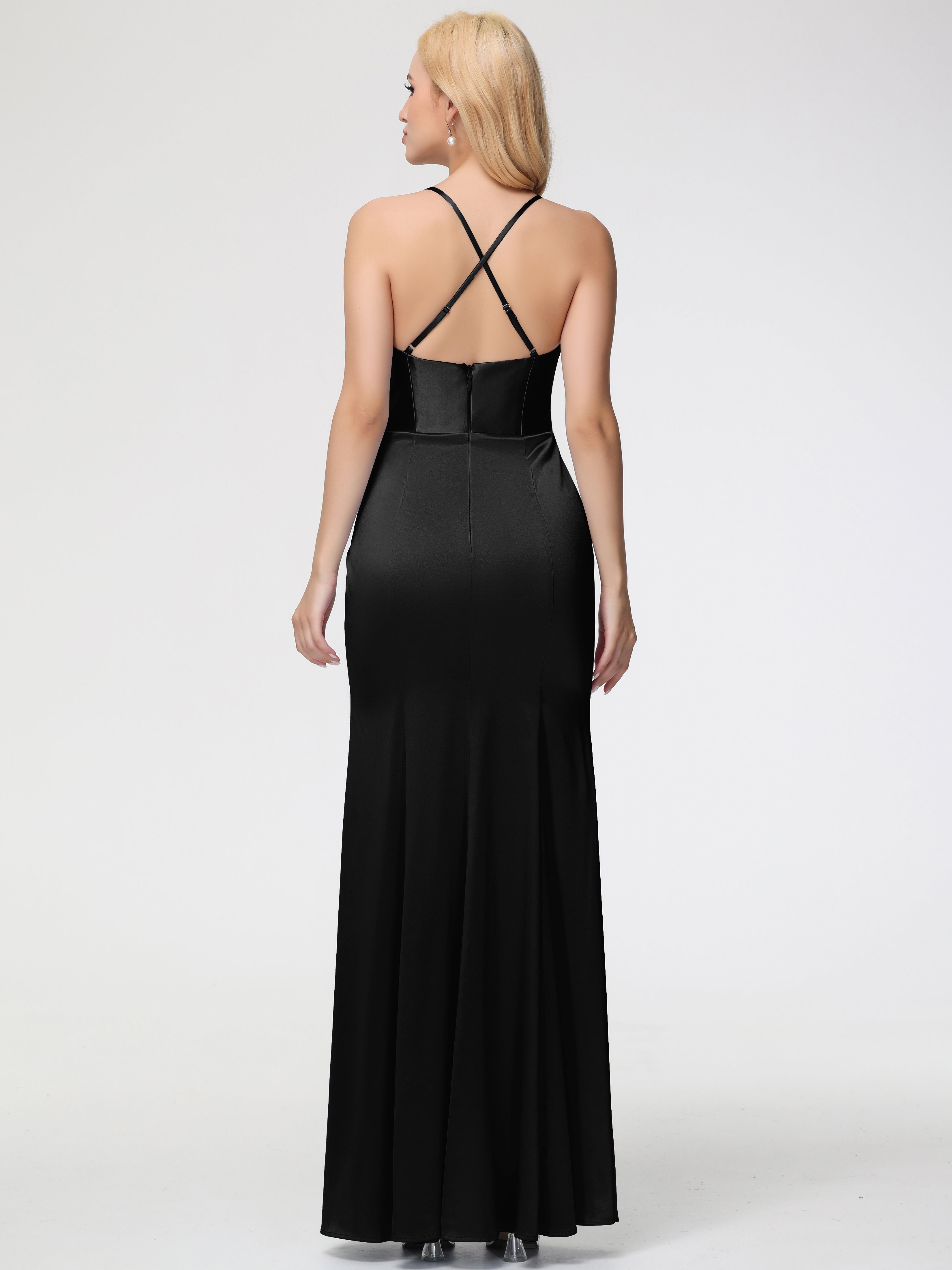 Demoiselle D Honneur En Noir Col Bénitier Satin Extensible Fendue Robe De Demoiselle D'Honneur Robe Plisée