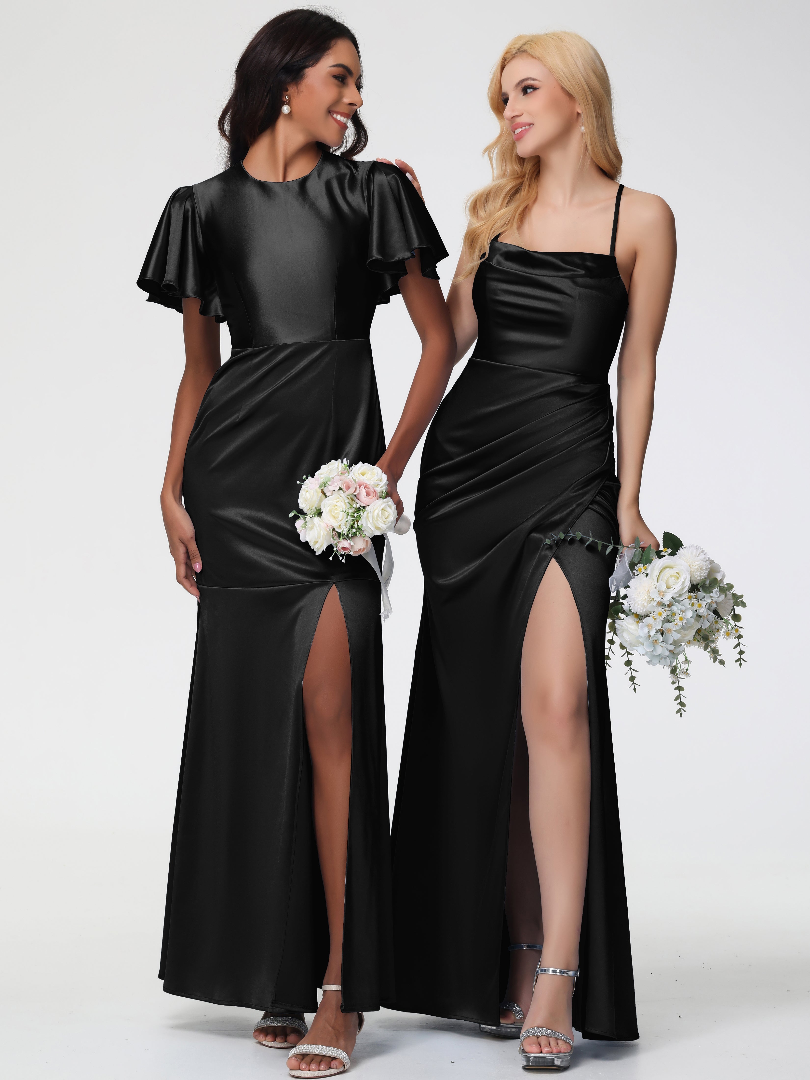 Demoiselle D Honneur En Noir Col Bénitier Satin Extensible Fendue Robe De Demoiselle D'Honneur Robe Plisée