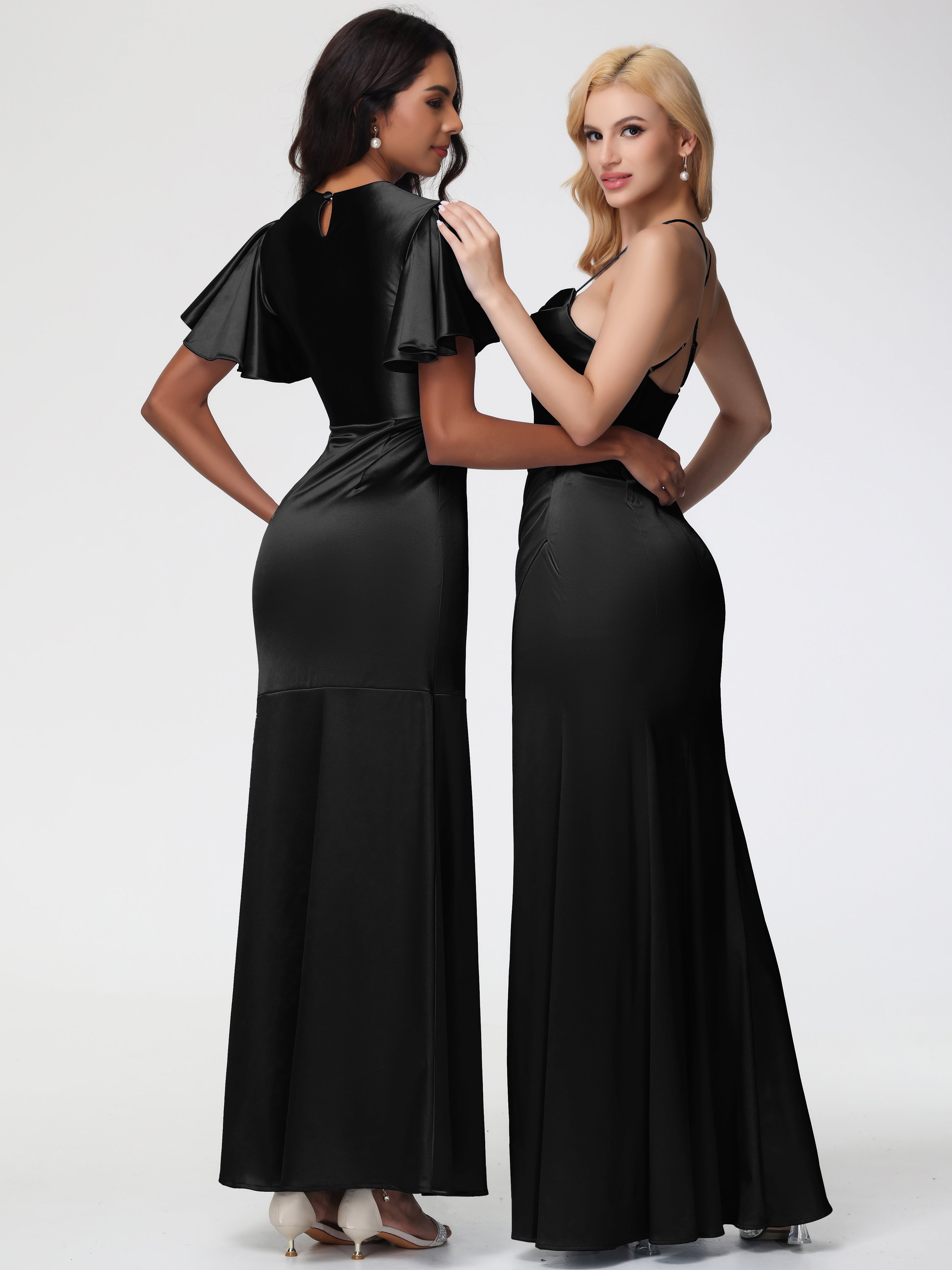 Demoiselle D Honneur En Noir Col Bénitier Satin Extensible Fendue Robe De Demoiselle D'Honneur Robe Plisée