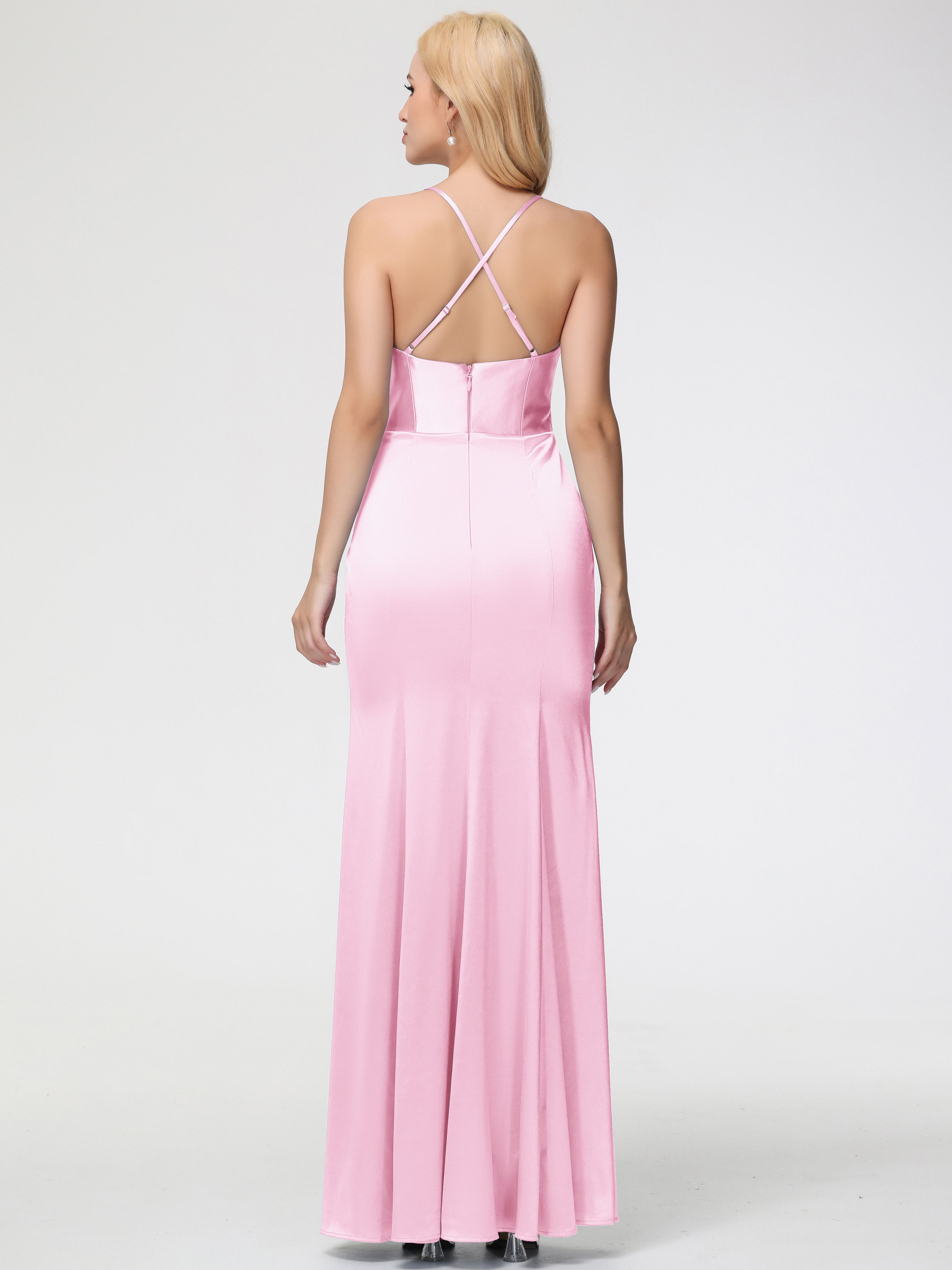 Robes Demoiselles D Honneur ROSE PÂLE Col Bénitier Satin Extensible Fendue Robe De Demoiselle D'Honneur Robe Plisée