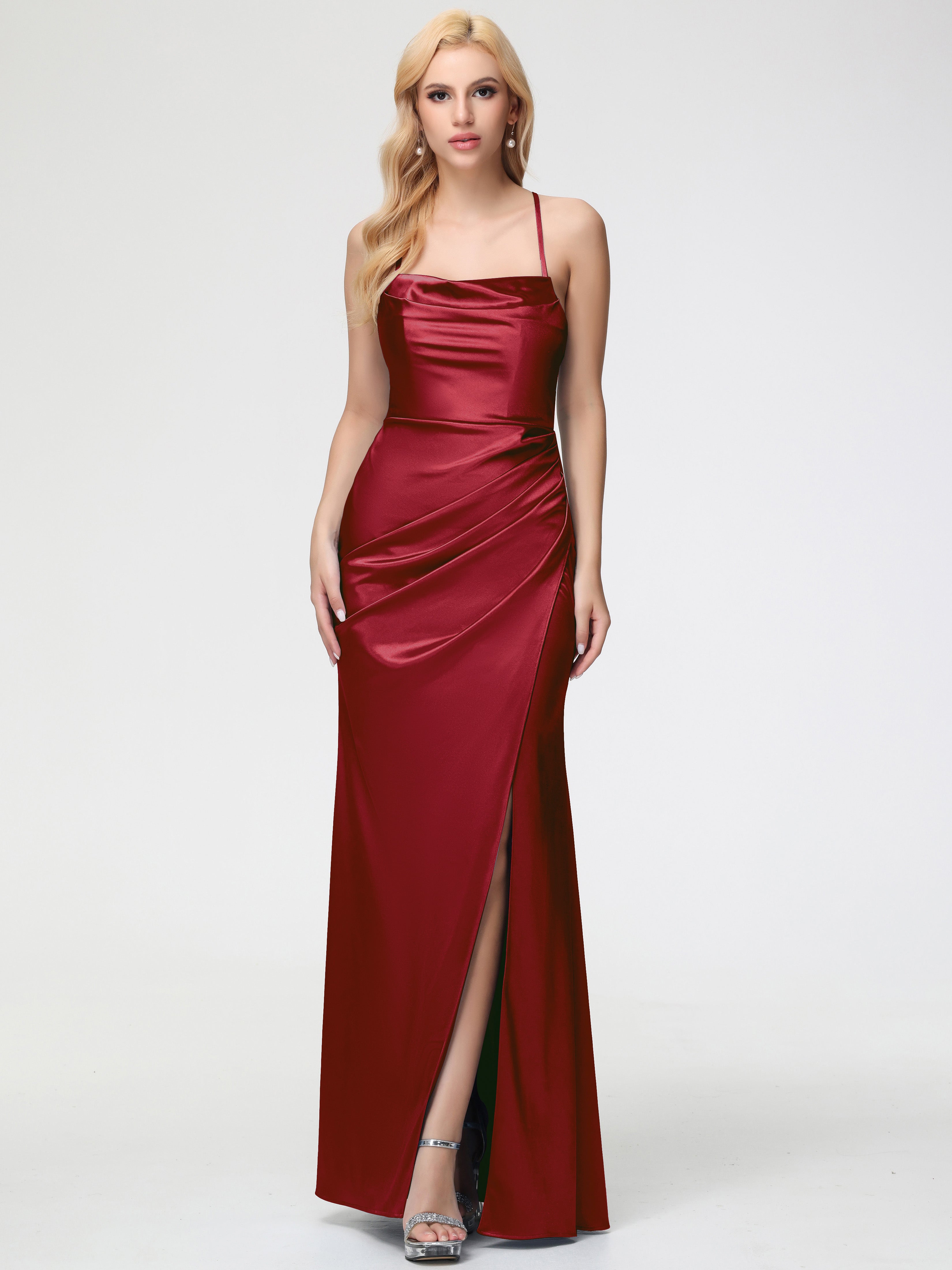 Robe Rouge Bordeaux Demoiselle D Honneur Col Bénitier Satin Extensible Fendue Robe De Demoiselle D'Honneur Robe Plisée