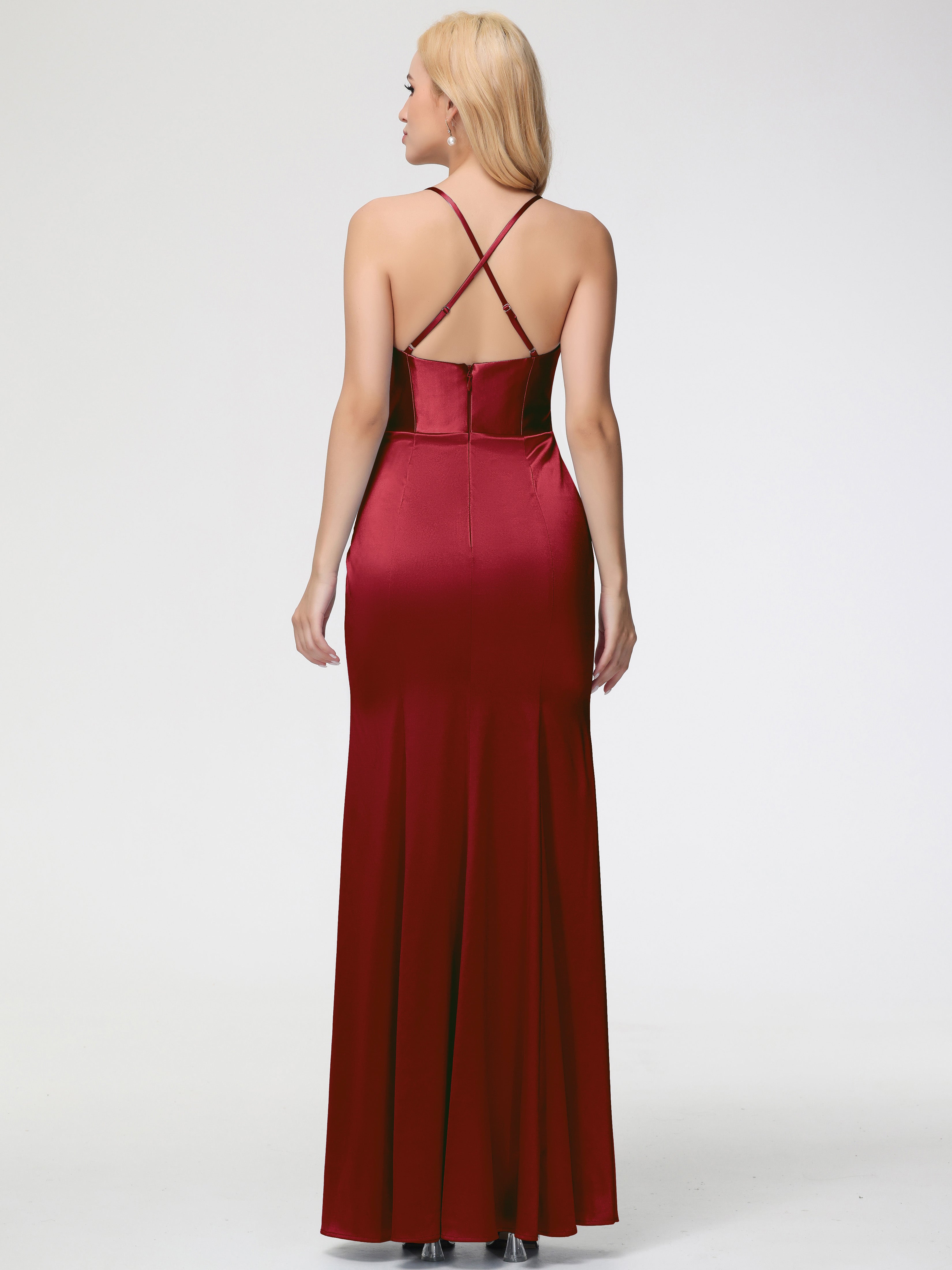 Robe Rouge Bordeaux Demoiselle D Honneur Col Bénitier Satin Extensible Fendue Robe De Demoiselle D'Honneur Robe Plisée