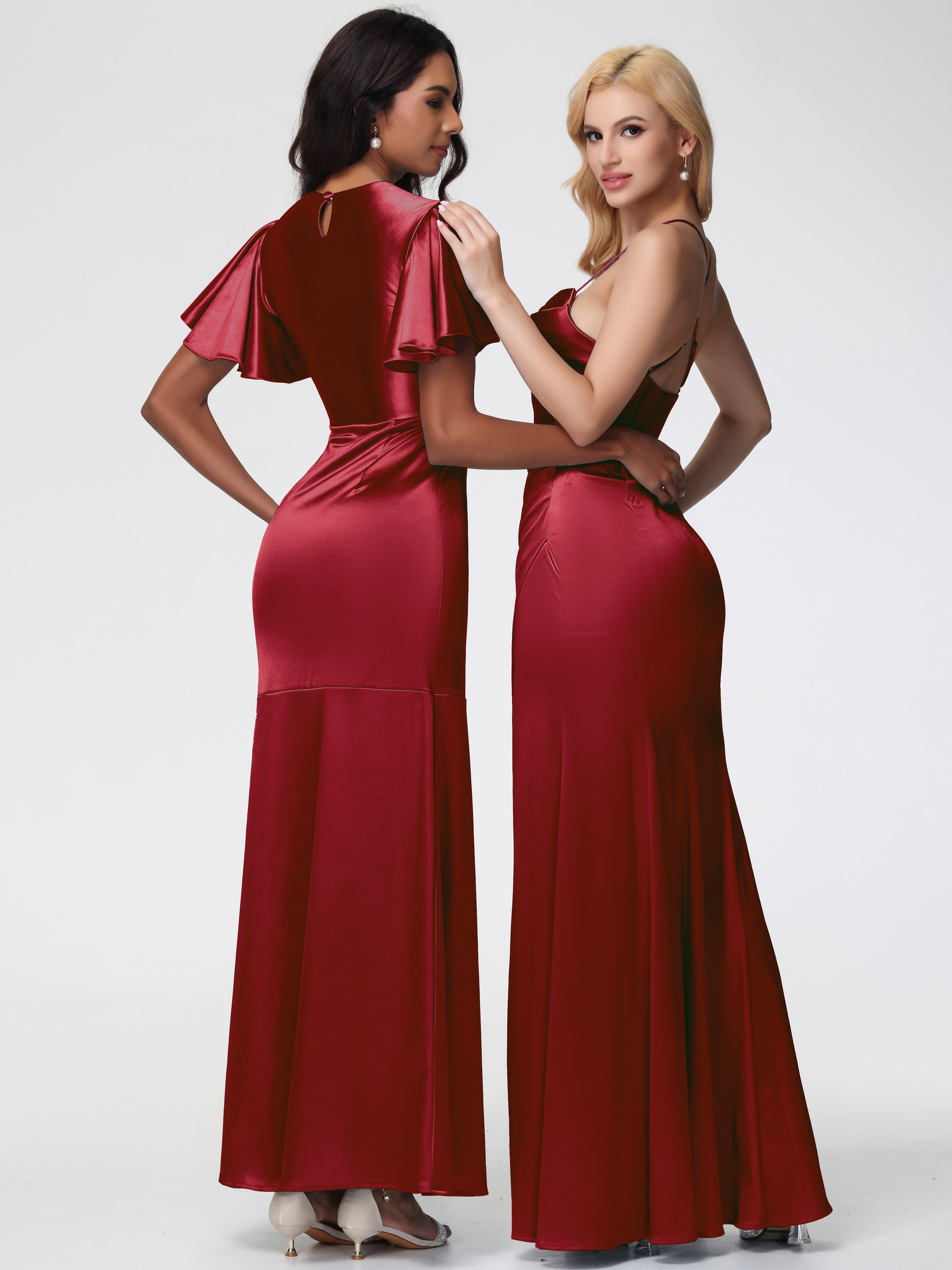 Robe Rouge Bordeaux Demoiselle D Honneur Col Bénitier Satin Extensible Fendue Robe De Demoiselle D'Honneur Robe Plisée