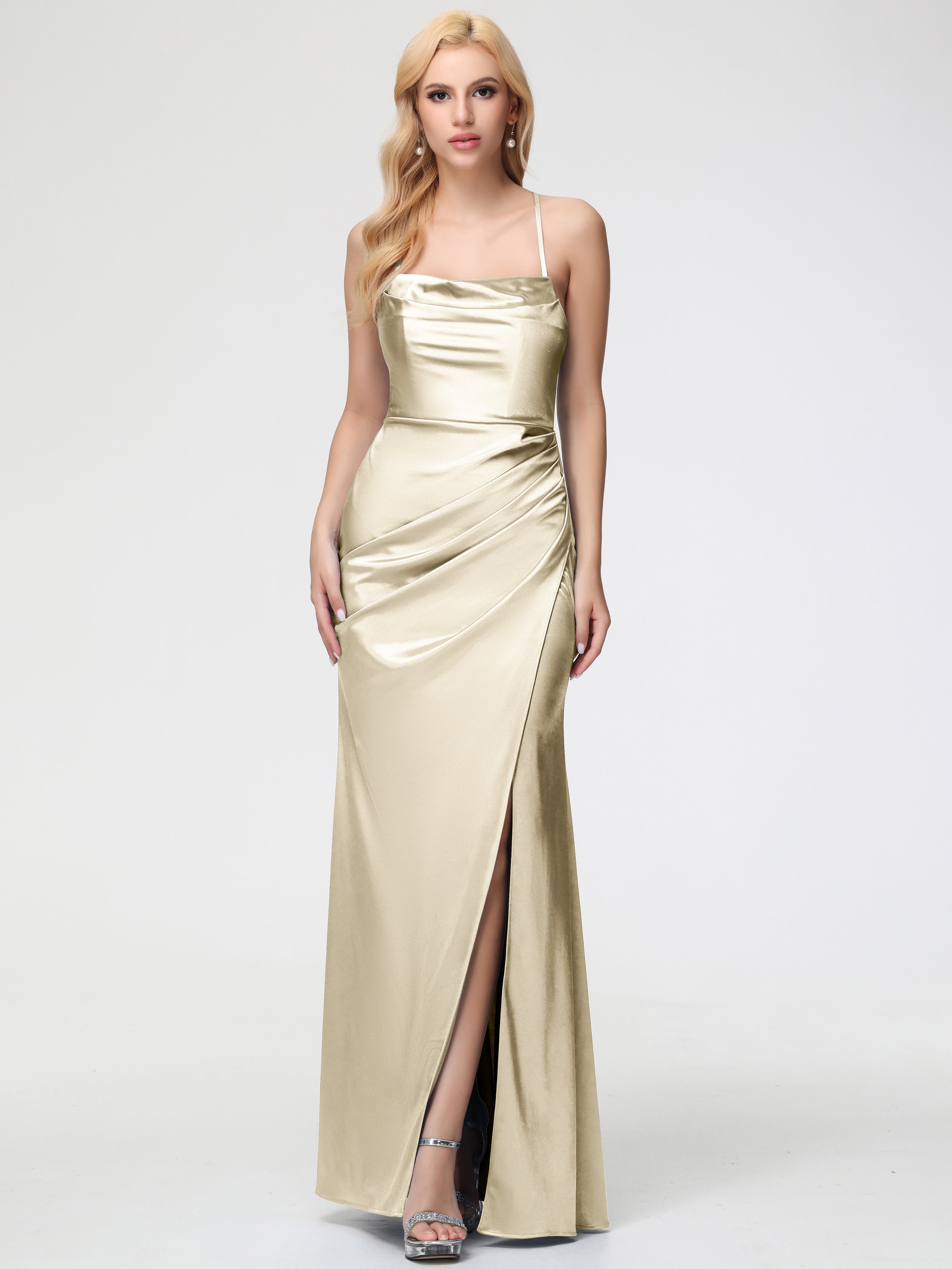 Robes Demoiselle D Honneur Champagne Col Bénitier Satin Extensible Fendue Robe De Demoiselle D'Honneur Robe Plisée