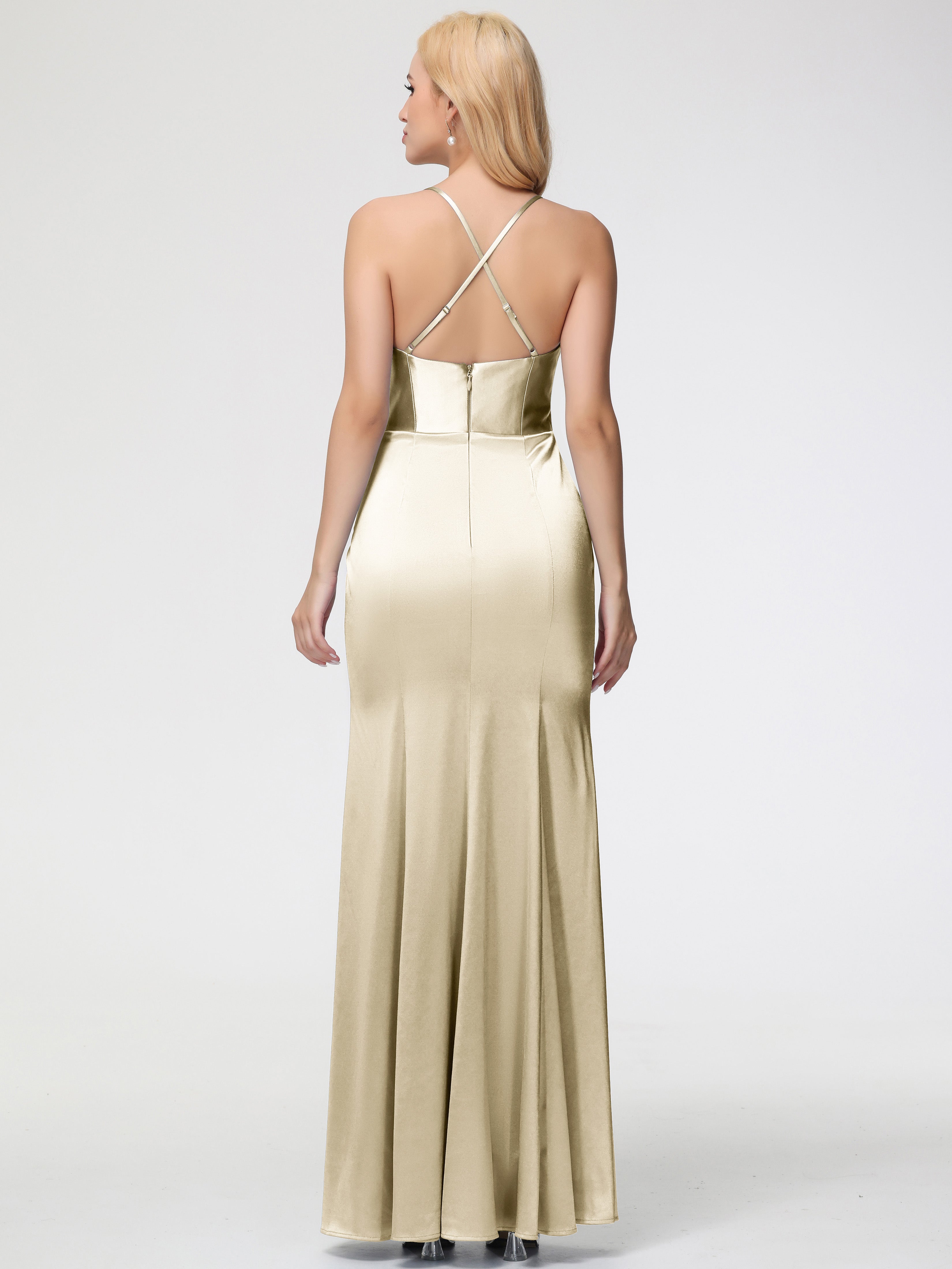 Robes Demoiselle D Honneur Champagne Col Bénitier Satin Extensible Fendue Robe De Demoiselle D'Honneur Robe Plisée