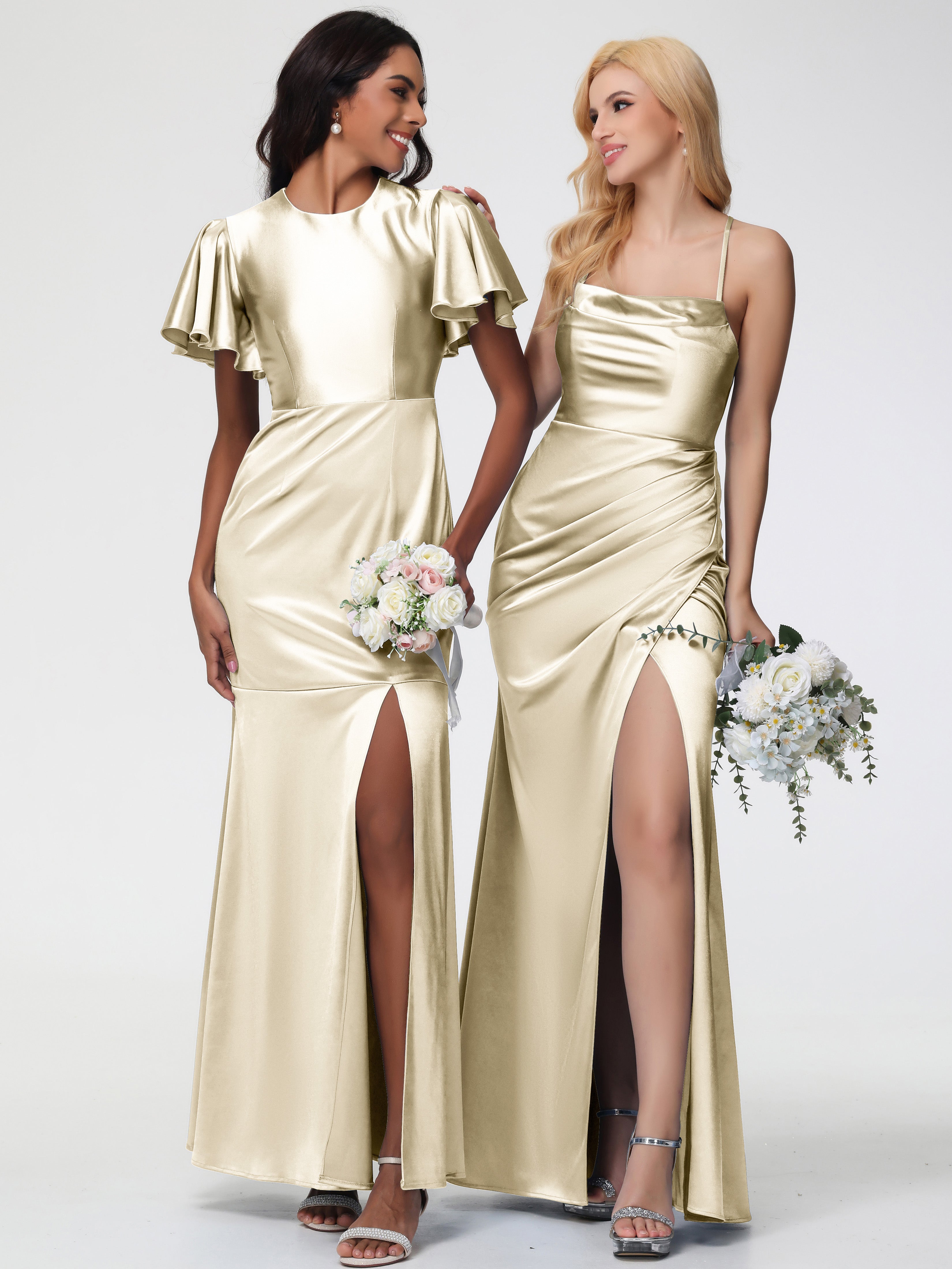 Robes Demoiselle D Honneur Champagne Col Bénitier Satin Extensible Fendue Robe De Demoiselle D'Honneur Robe Plisée